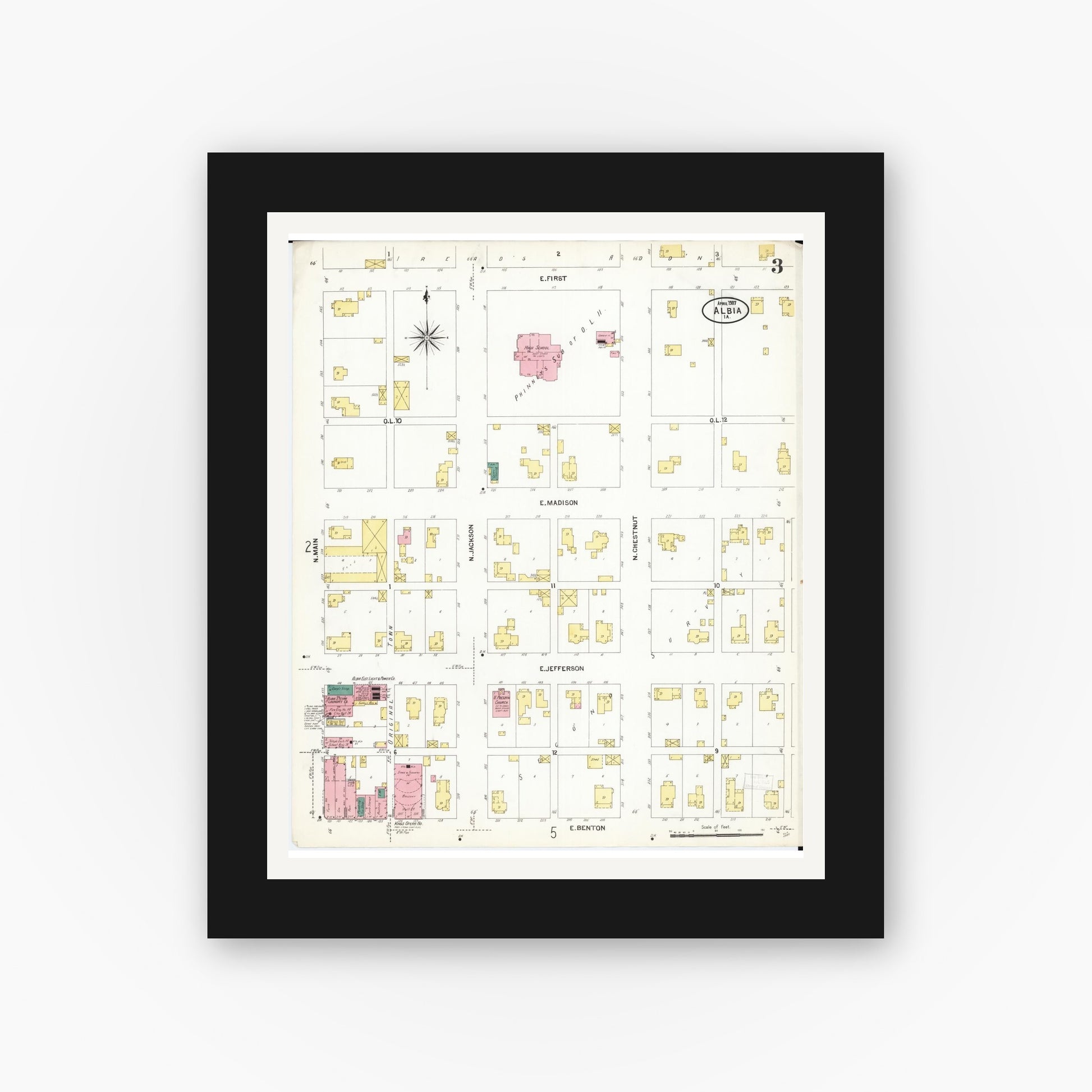 Old map wall art mockup — black gallery frame with white mat — Sanborn Fire Insurance Map from Albia, Monroe County, Iowa (1907), Sheet #0003