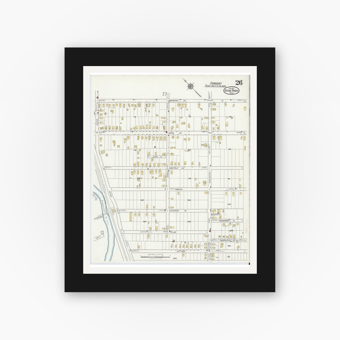 Old map wall art mockup — black gallery frame with white mat — Sanborn Fire Insurance Map from Hyde Park, Norfolk County, Massachusetts (1917), Sheet #0026