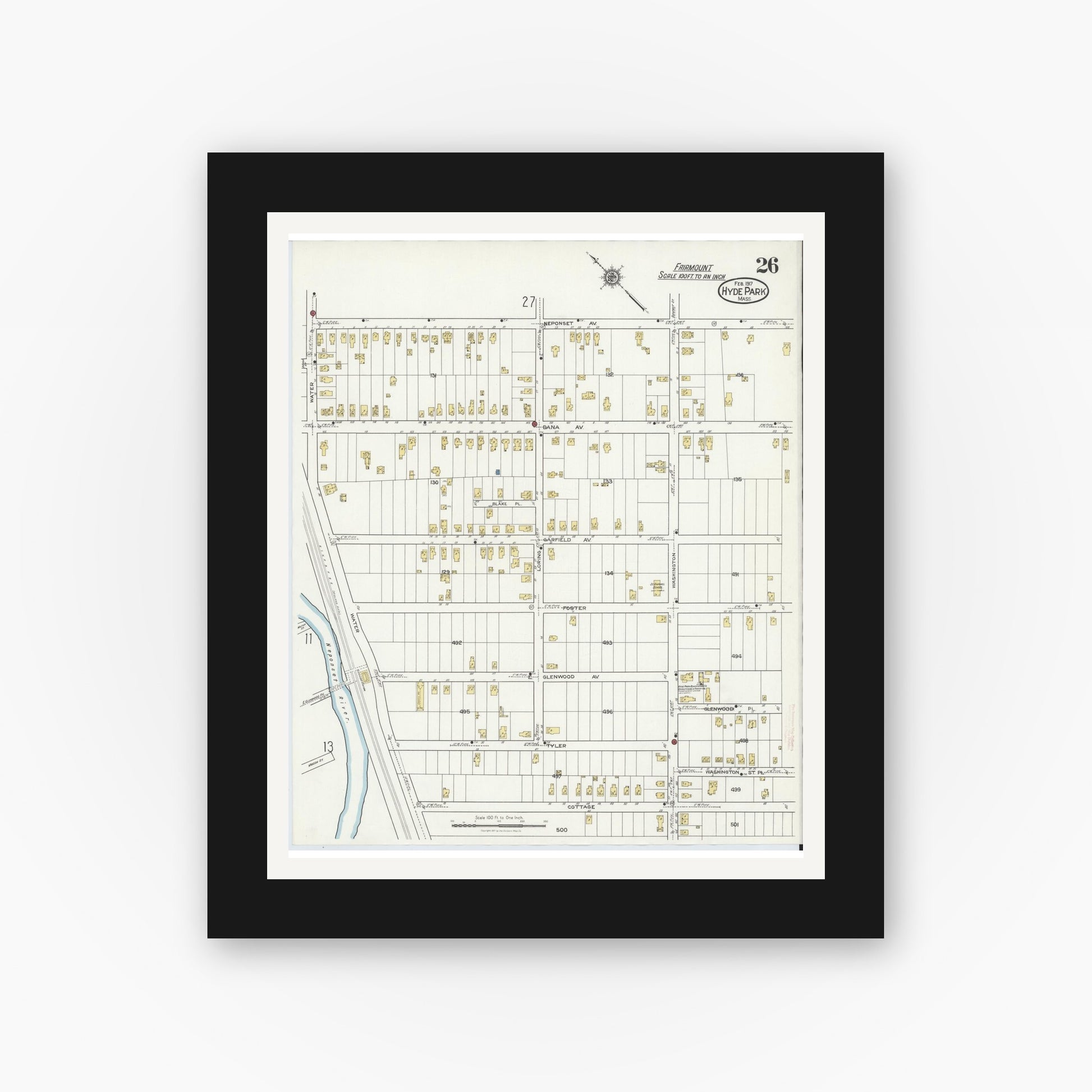 Old map wall art mockup — black gallery frame with white mat — Sanborn Fire Insurance Map from Hyde Park, Norfolk County, Massachusetts (1917), Sheet #0026