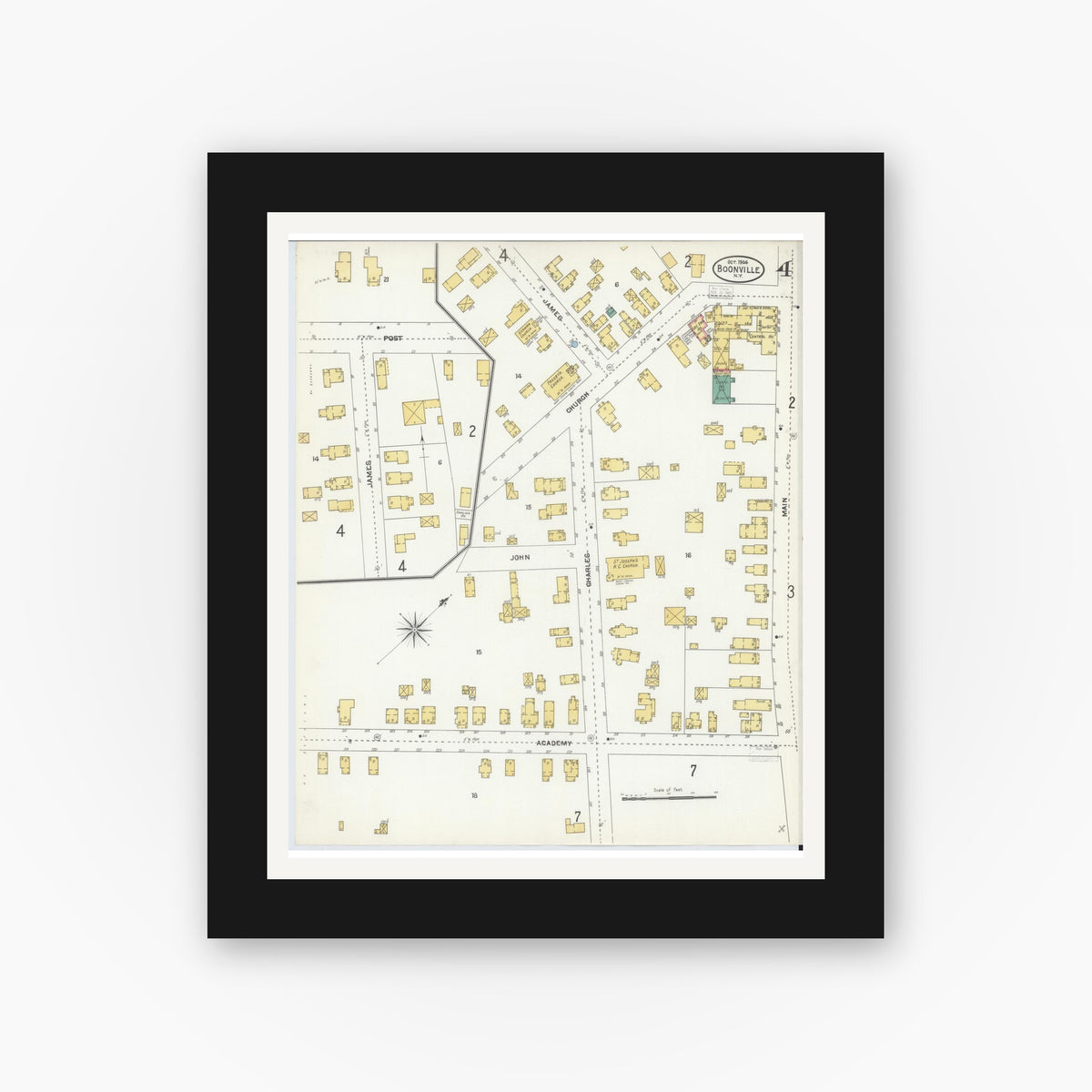 Old map wall art mockup — black gallery frame with white mat — Sanborn Fire Insurance Map from Boonville, Oneida County, New York (1904), Sheet #0004