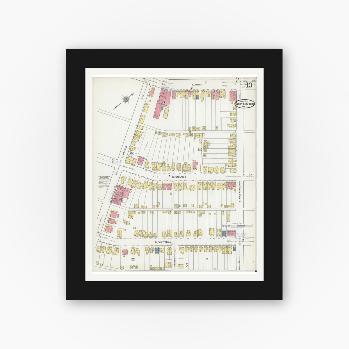 Old map wall art mockup — black gallery frame with white mat — Sanborn Fire Insurance Map from Shippensburg, Cumberland And Franklin Counties, Pennsylvania (1921), Sheet #0013