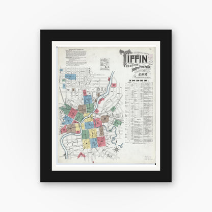 Old map wall art mockup — black gallery frame with white mat — Sanborn Fire Insurance Map from Tiffin, Seneca County, Ohio (1901), Sheet #0001