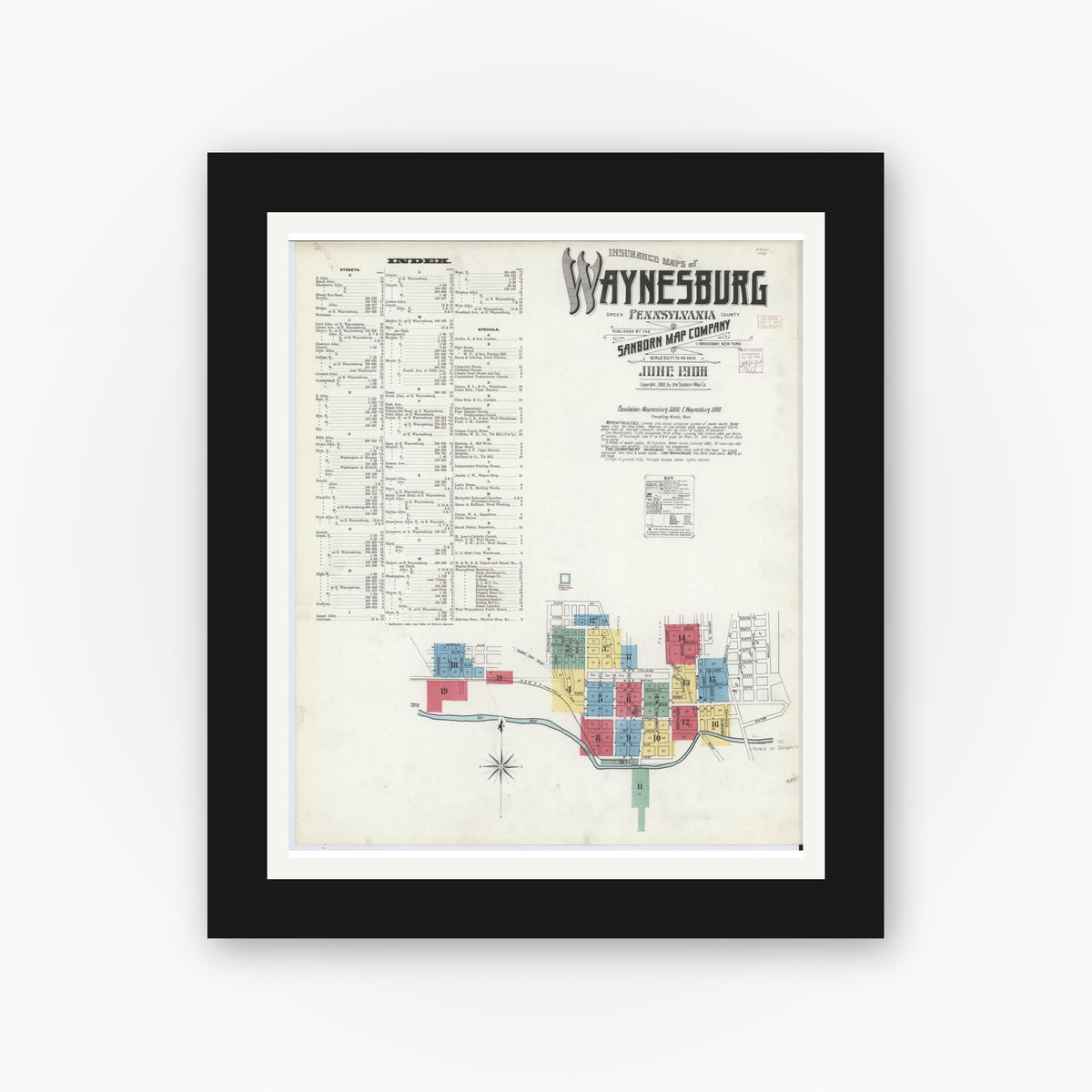 Old map wall art mockup — black gallery frame with white mat — Sanborn Fire Insurance Map from Waynesburg, Greene County, Pennsylvania (1908) - Complete Map Set