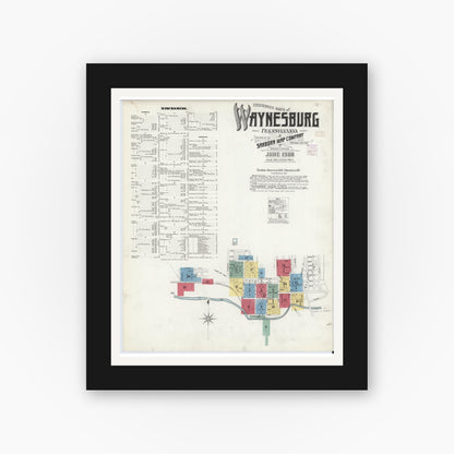 Old map wall art mockup — black gallery frame with white mat — Sanborn Fire Insurance Map from Waynesburg, Greene County, Pennsylvania (1908) - Complete Map Set