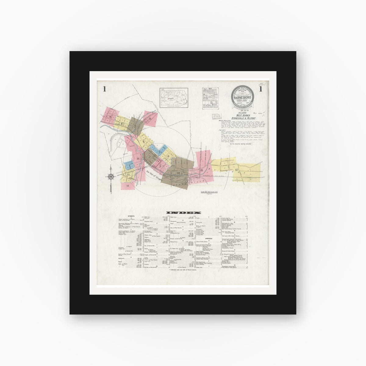 Old map wall art mockup — black gallery frame with white mat — Sanborn Fire Insurance Map from Barnesboro, Cambria County, Pennsylvania (1930) - Complete Map Set