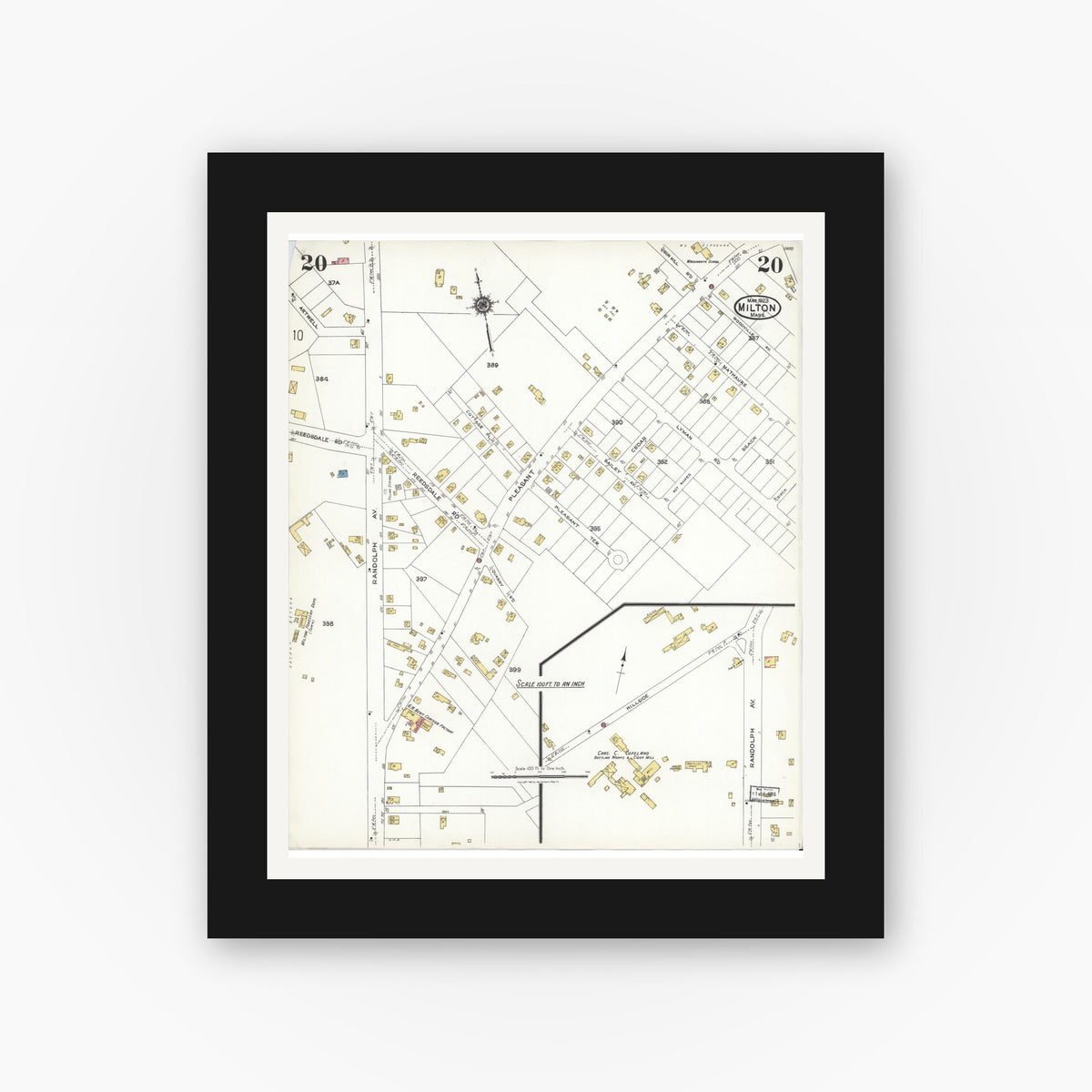 Old map wall art mockup — black gallery frame with white mat — Sanborn Fire Insurance Map from Milton, Norfolk County, Massachusetts (1923), Sheet #0020