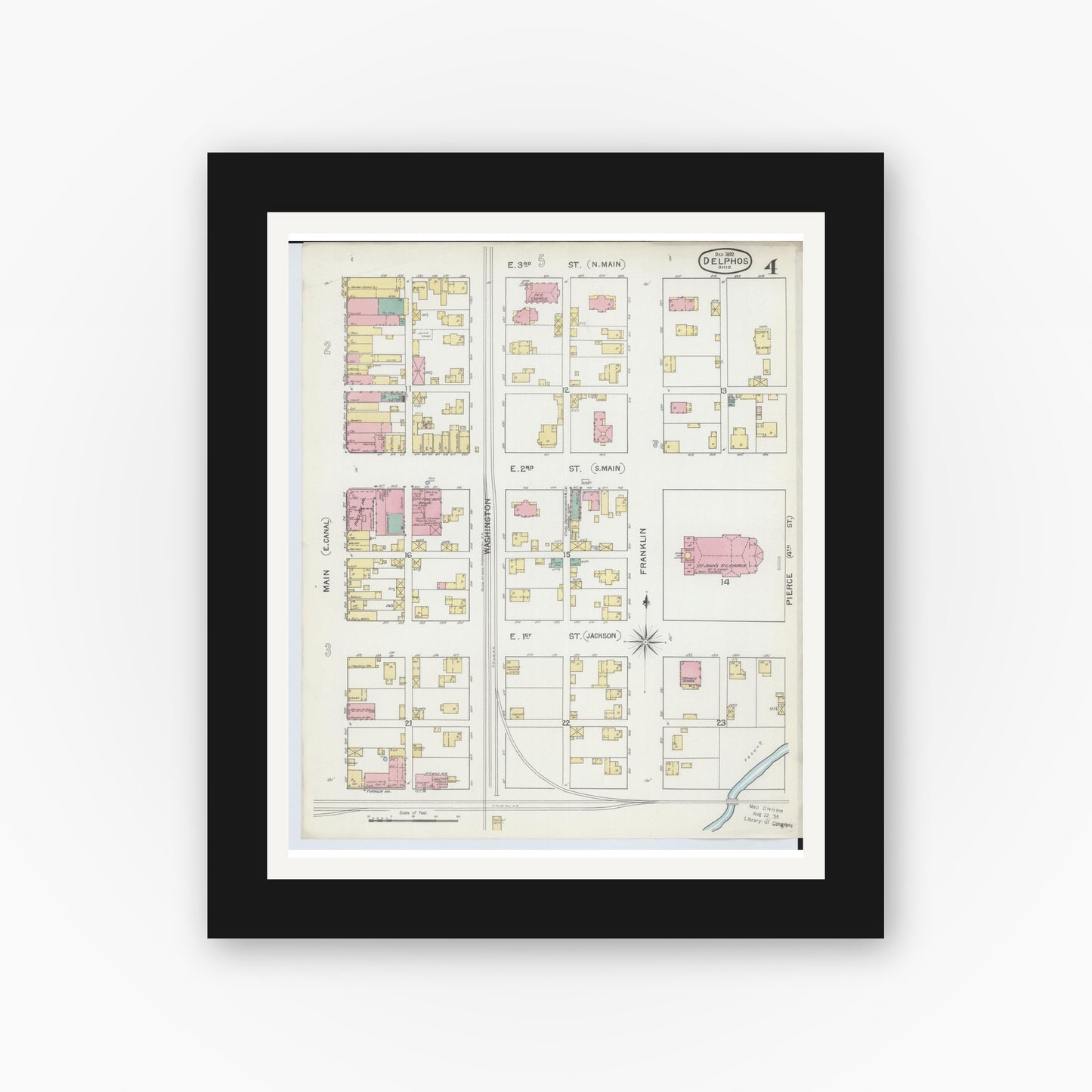 Old map wall art mockup — black gallery frame with white mat — Sanborn Fire Insurance Map from Delphos, Van Wert And Allen Counties, Ohio (1892), Sheet #0004