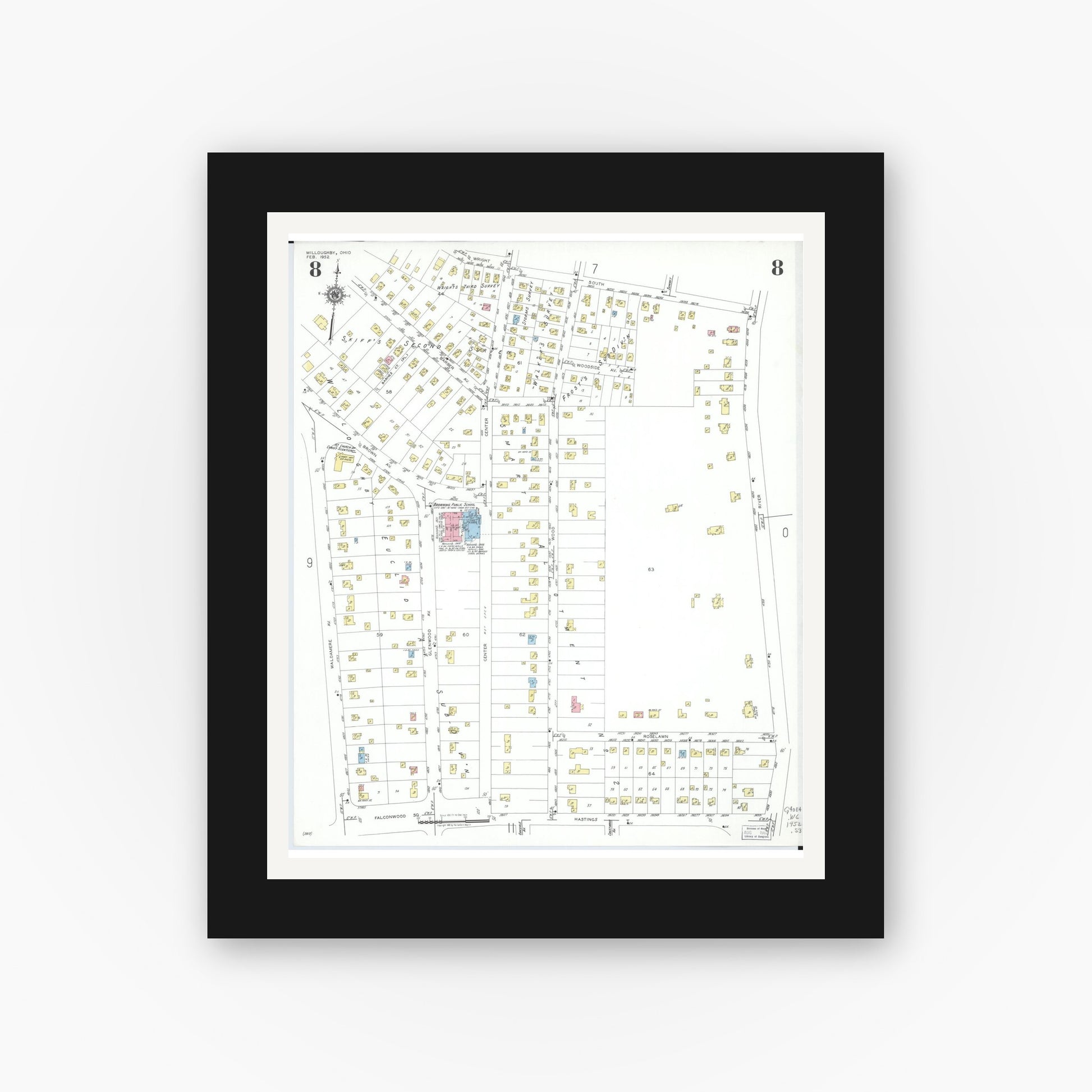 Old map wall art mockup — black gallery frame with white mat — Sanborn Fire Insurance Map from Willoughby, Lake County, Ohio (1952), Sheet #0008