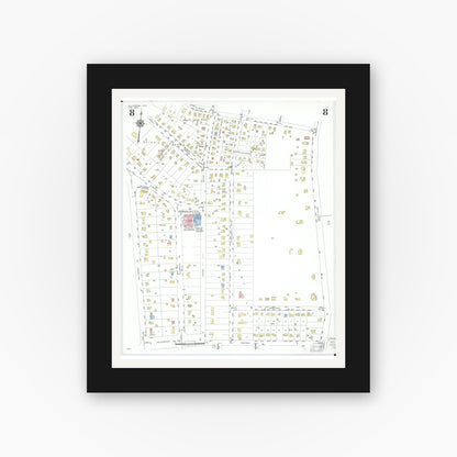 Old map wall art mockup — black gallery frame with white mat — Sanborn Fire Insurance Map from Willoughby, Lake County, Ohio (1952), Sheet #0008