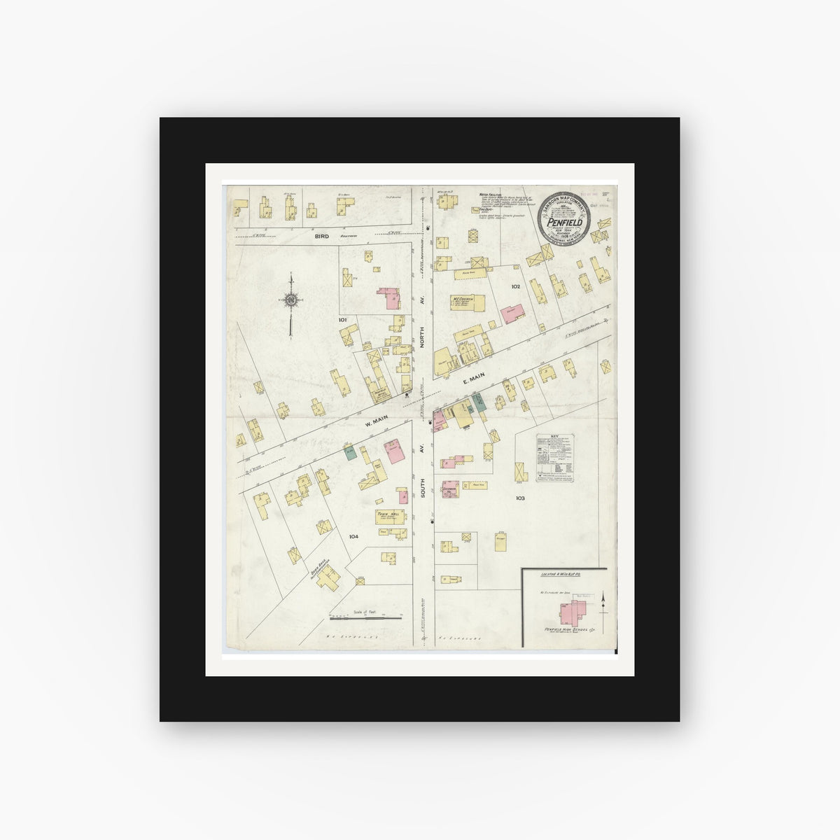 Old map wall art mockup — black gallery frame with white mat — Sanborn Fire Insurance Map from Penfield, Monroe County, New York (1909), Sheet #0001