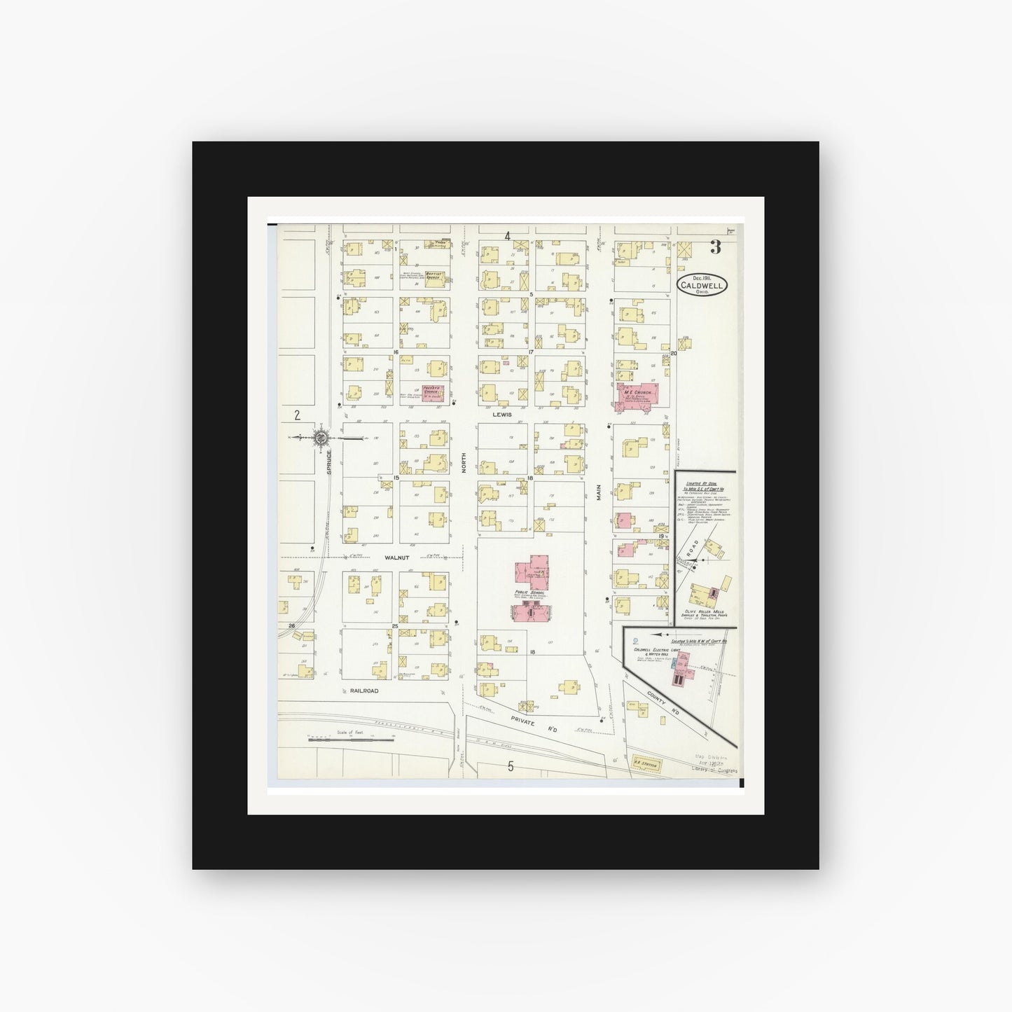 Old map wall art mockup — black gallery frame with white mat — Sanborn Fire Insurance Map from Caldwell, Noble County, Ohio (1911), Sheet #0003
