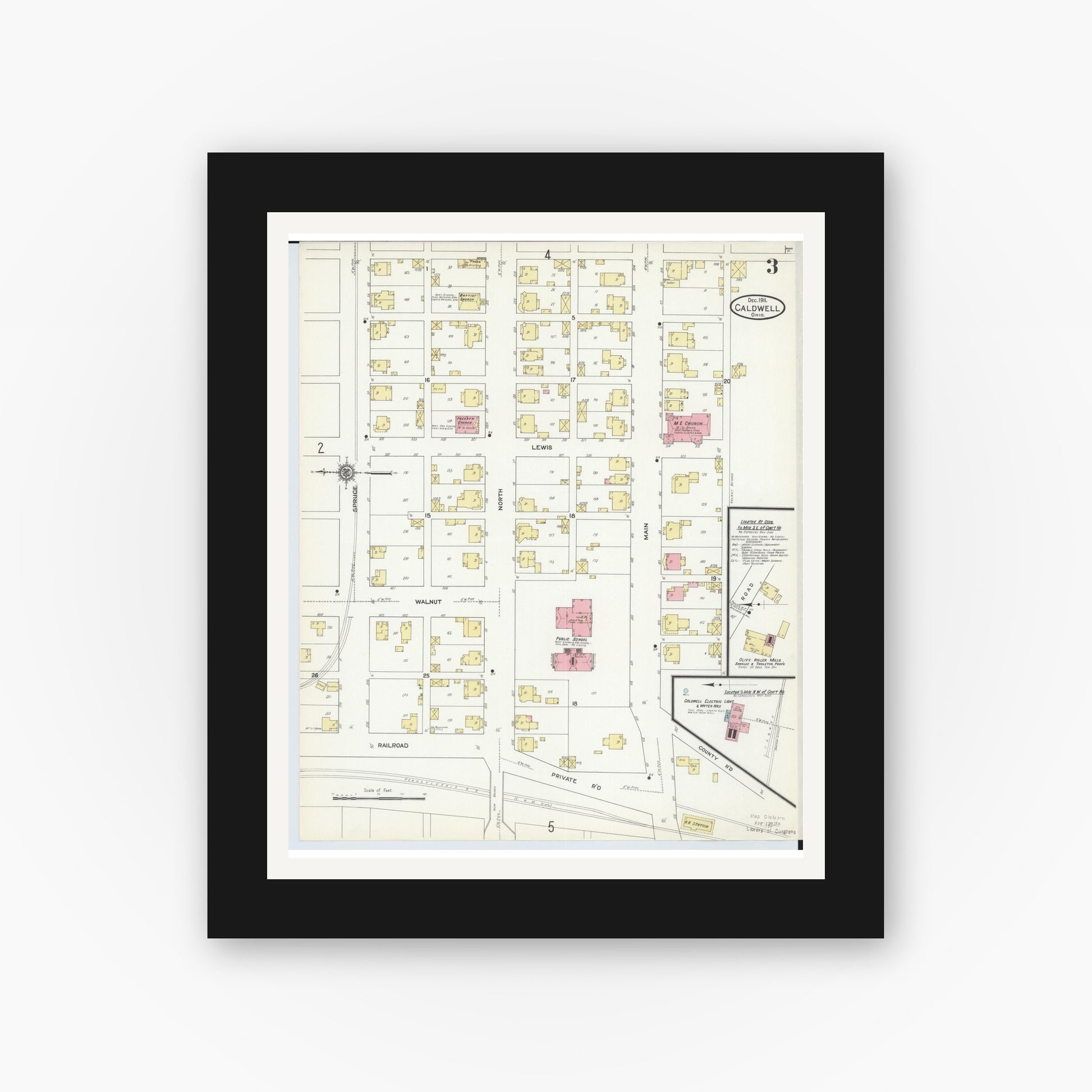 Old map wall art mockup — black gallery frame with white mat — Sanborn Fire Insurance Map from Caldwell, Noble County, Ohio (1911), Sheet #0003