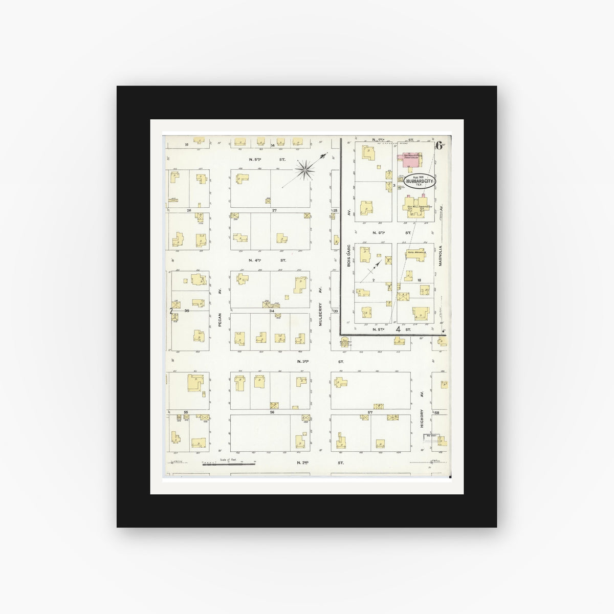 Old map wall art mockup — black gallery frame with white mat — Sanborn Fire Insurance Map from Hubbard, Hill County, Texas (1909), Sheet #0006