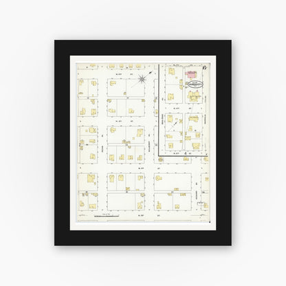 Old map wall art mockup — black gallery frame with white mat — Sanborn Fire Insurance Map from Hubbard, Hill County, Texas (1909), Sheet #0006