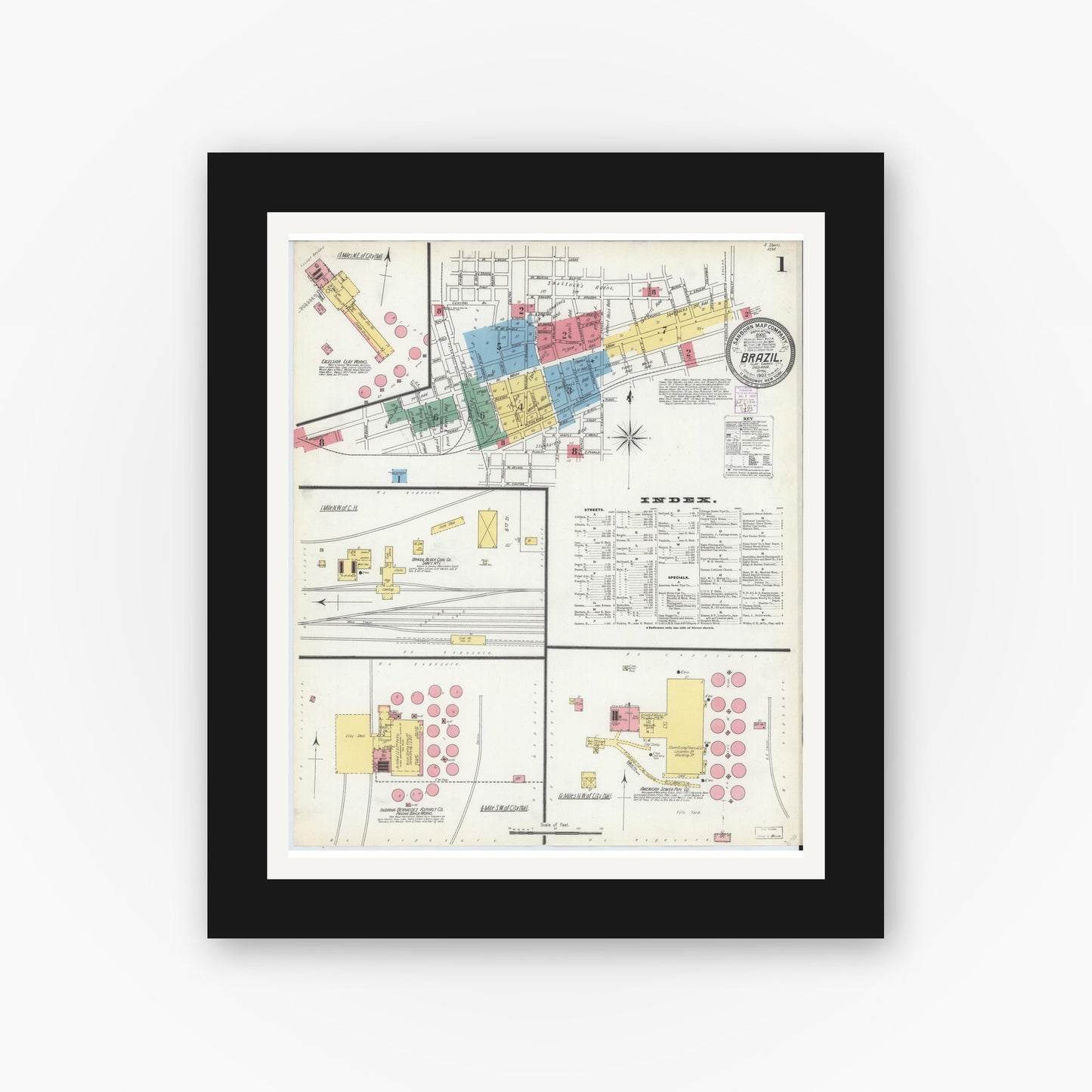 Old map wall art mockup — black gallery frame with white mat — Sanborn Fire Insurance Map from Brazil, Clay County, Indiana (1902) - Complete Map Set