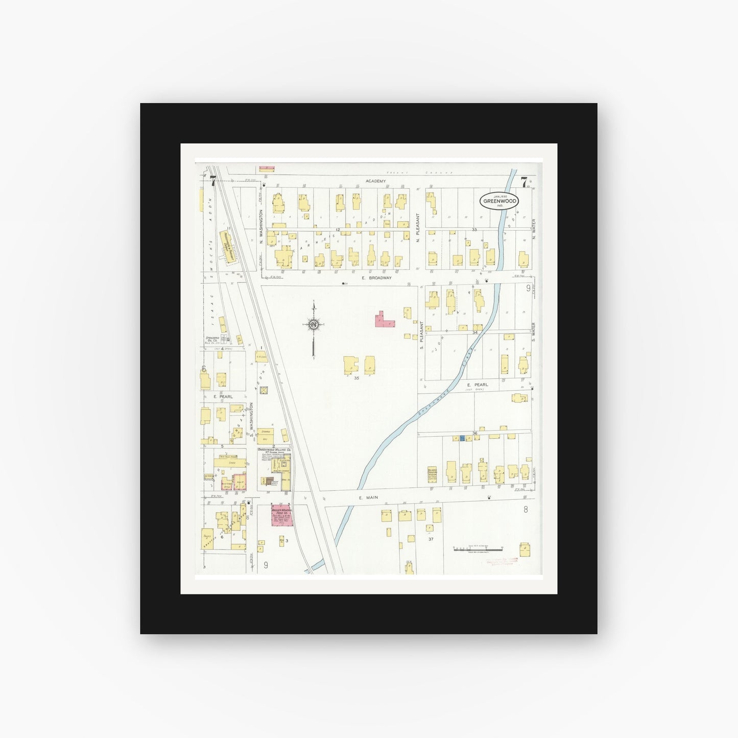 Old map wall art mockup — black gallery frame with white mat — Sanborn Fire Insurance Map from Greenwood, Johnson County, Indiana (1930), Sheet #0007