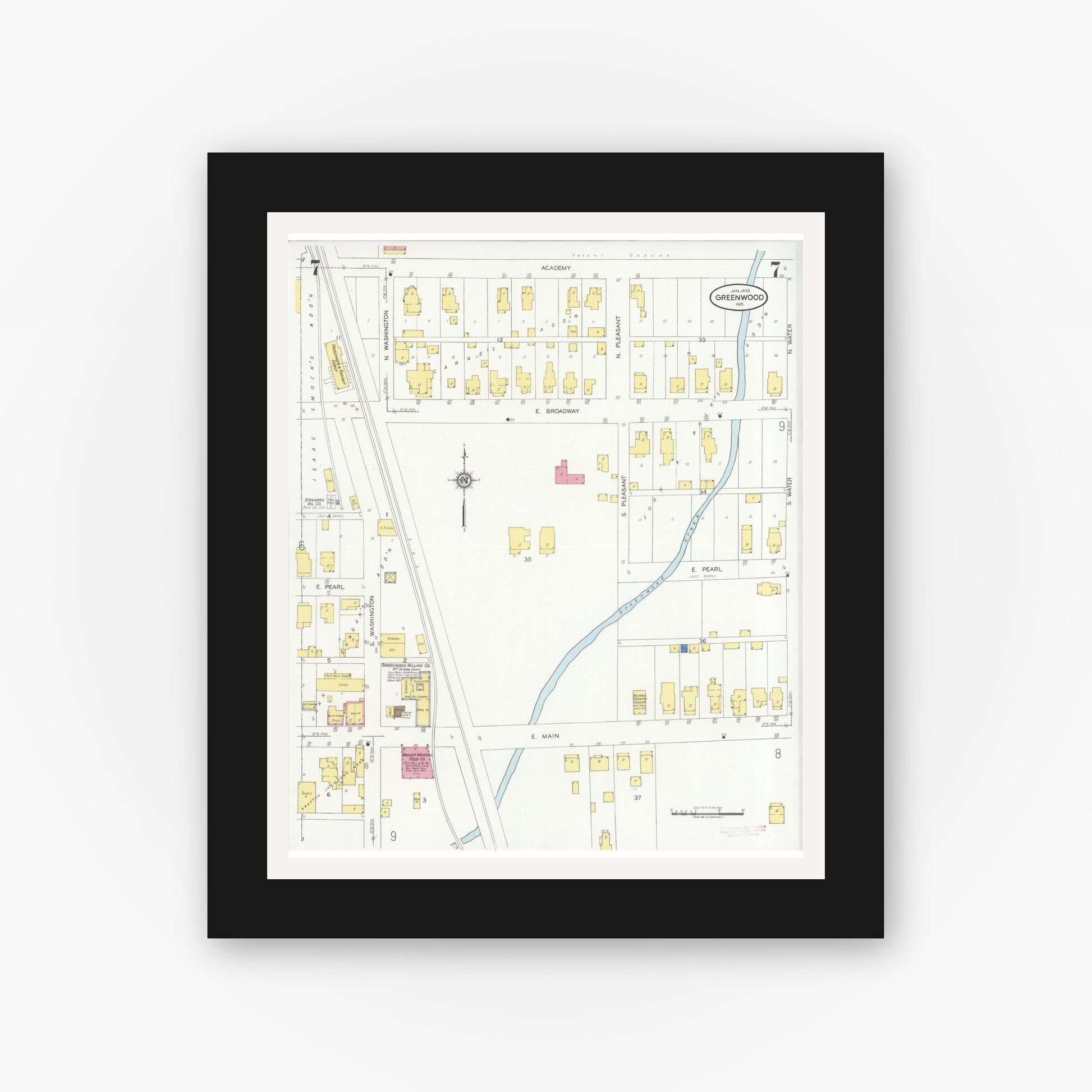 Old map wall art mockup — black gallery frame with white mat — Sanborn Fire Insurance Map from Greenwood, Johnson County, Indiana (1930), Sheet #0007