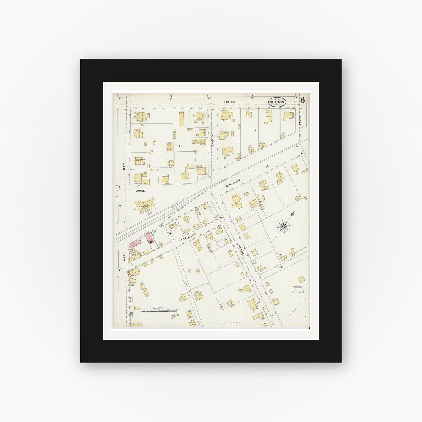 Old map wall art mockup — black gallery frame with white mat — Sanborn Fire Insurance Map from Wilson, Wilson County, North Carolina (1897), Sheet #0006