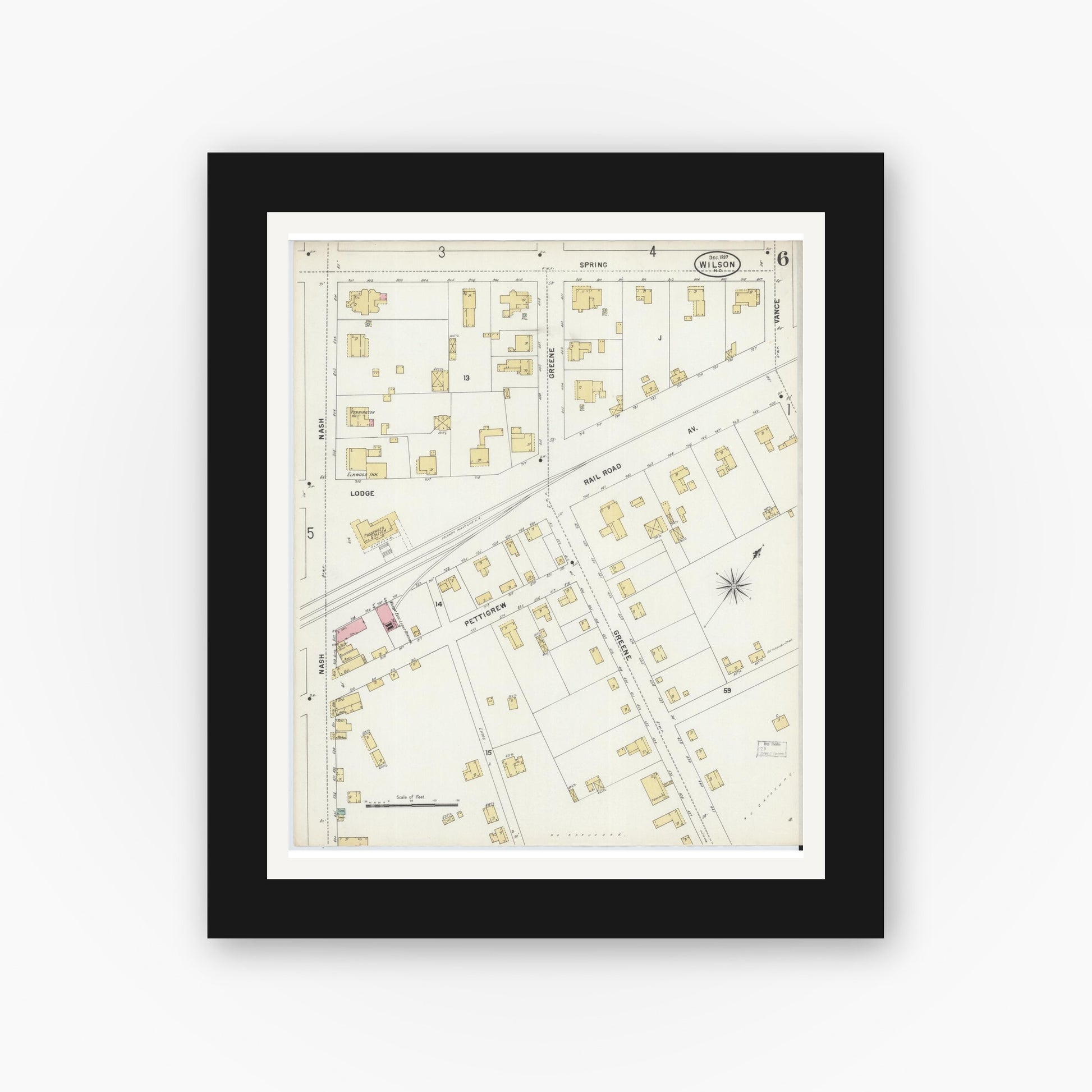 Old map wall art mockup — black gallery frame with white mat — Sanborn Fire Insurance Map from Wilson, Wilson County, North Carolina (1897), Sheet #0006
