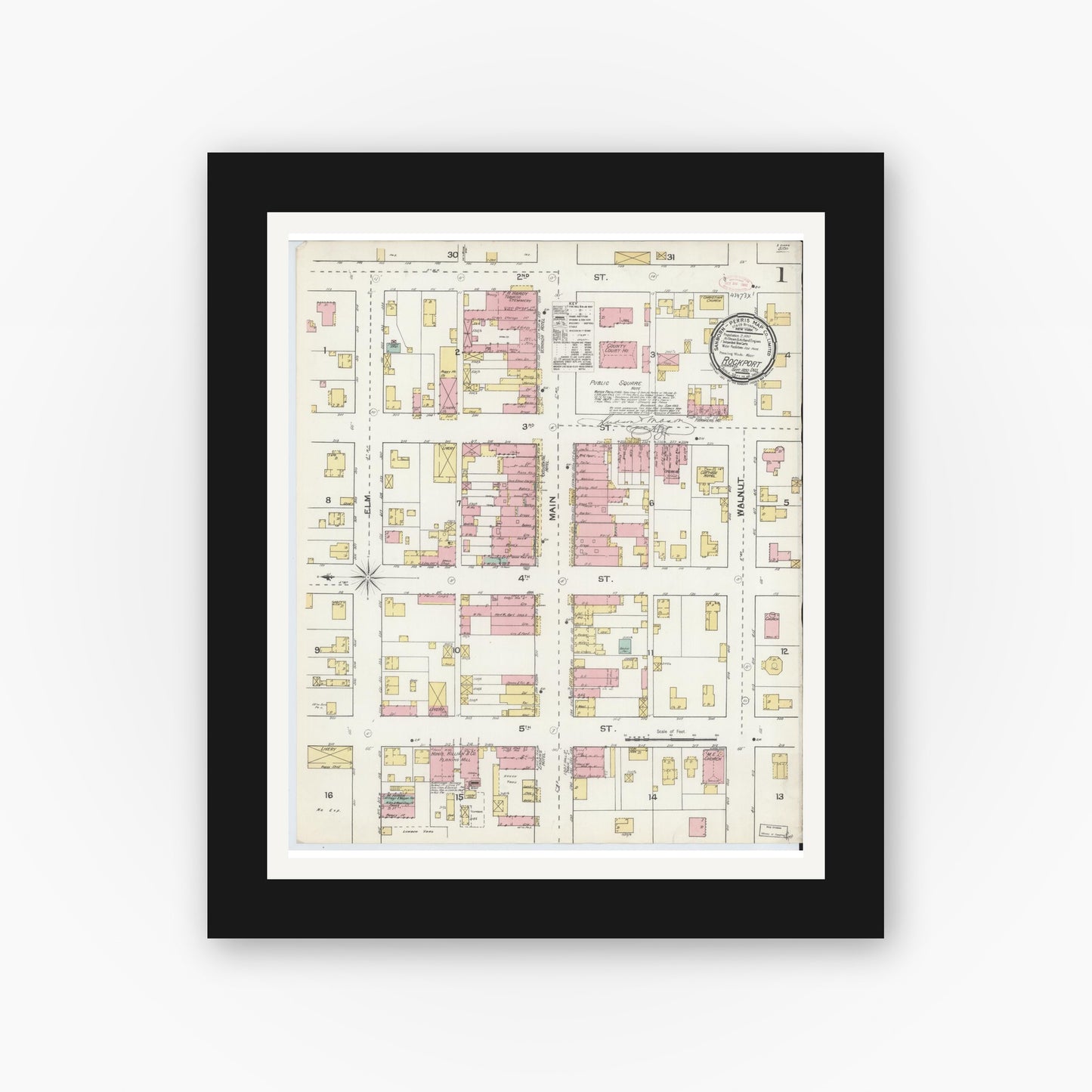 Old map wall art mockup — black gallery frame with white mat — Sanborn Fire Insurance Map from Rockport, Spencer County, Indiana (1892) - Complete Map Set
