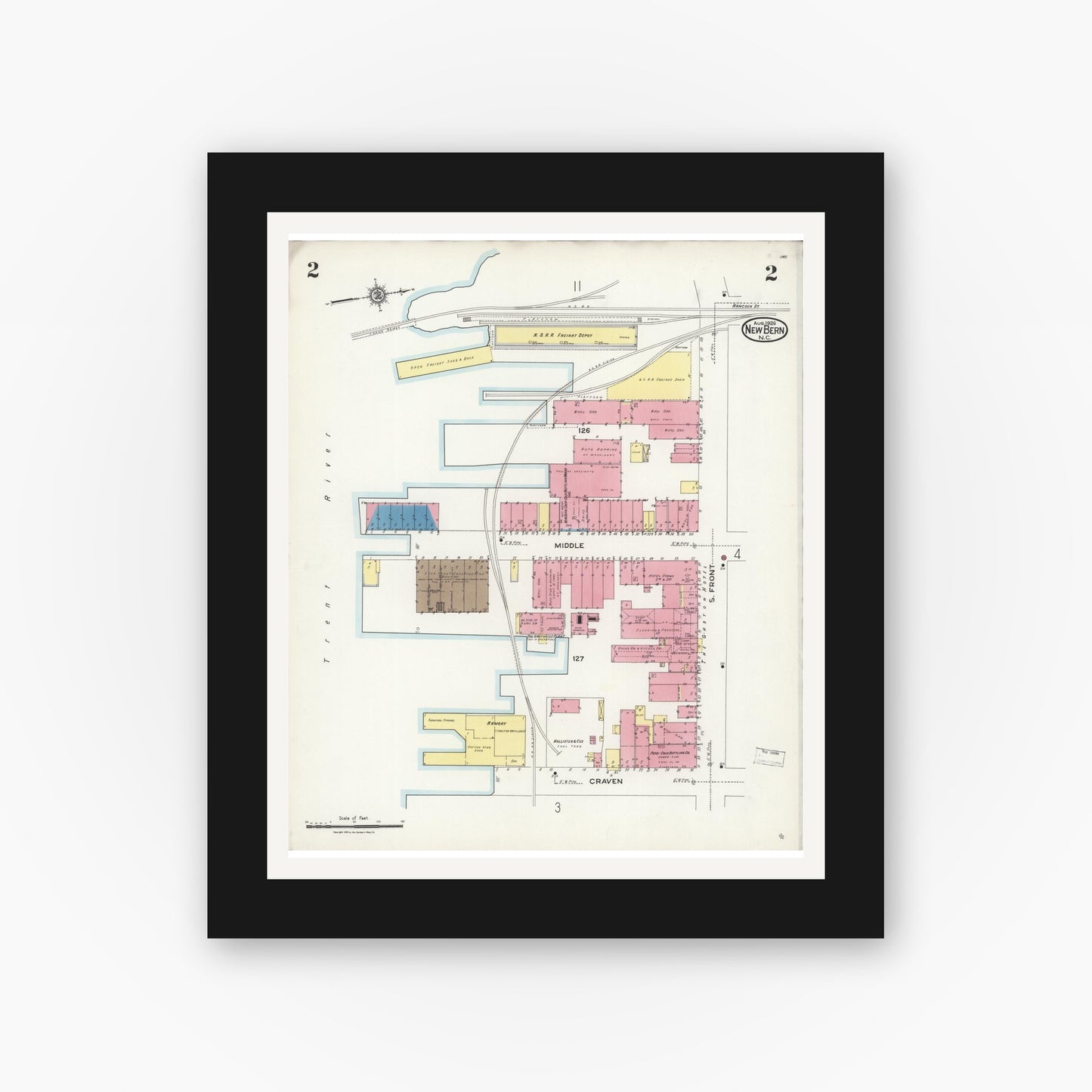 Old map wall art mockup — black gallery frame with white mat — Sanborn Fire Insurance Map from New Bern, Craven County, North Carolina (1924), Sheet #0002