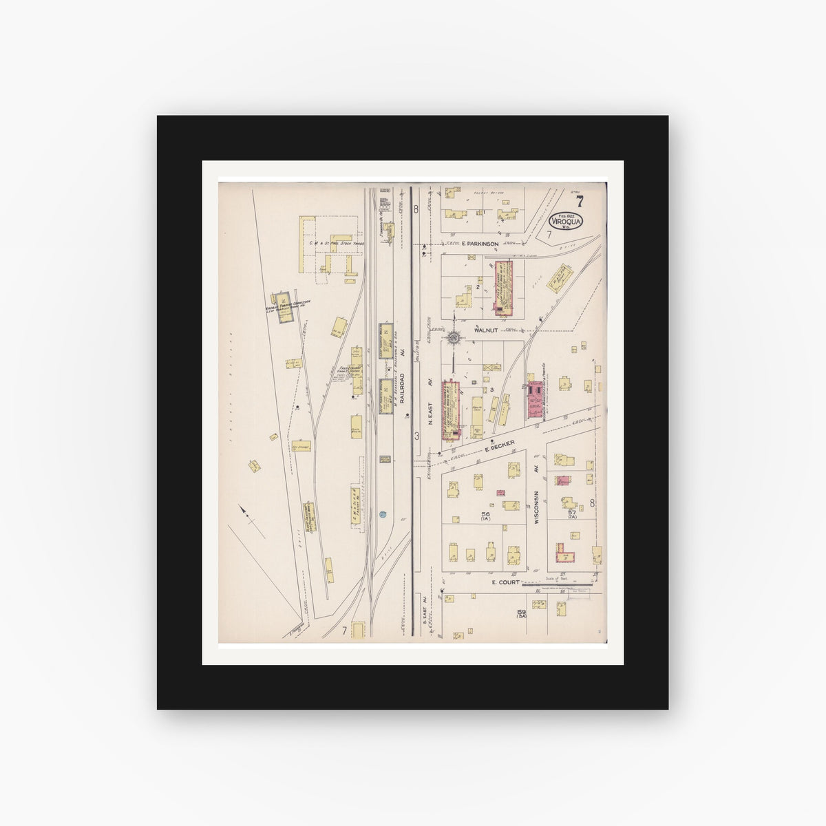 Old map wall art mockup — black gallery frame with white mat — Sanborn Fire Insurance Map from Viroqua, Vernon County, Wisconsin (1922), Sheet #0007