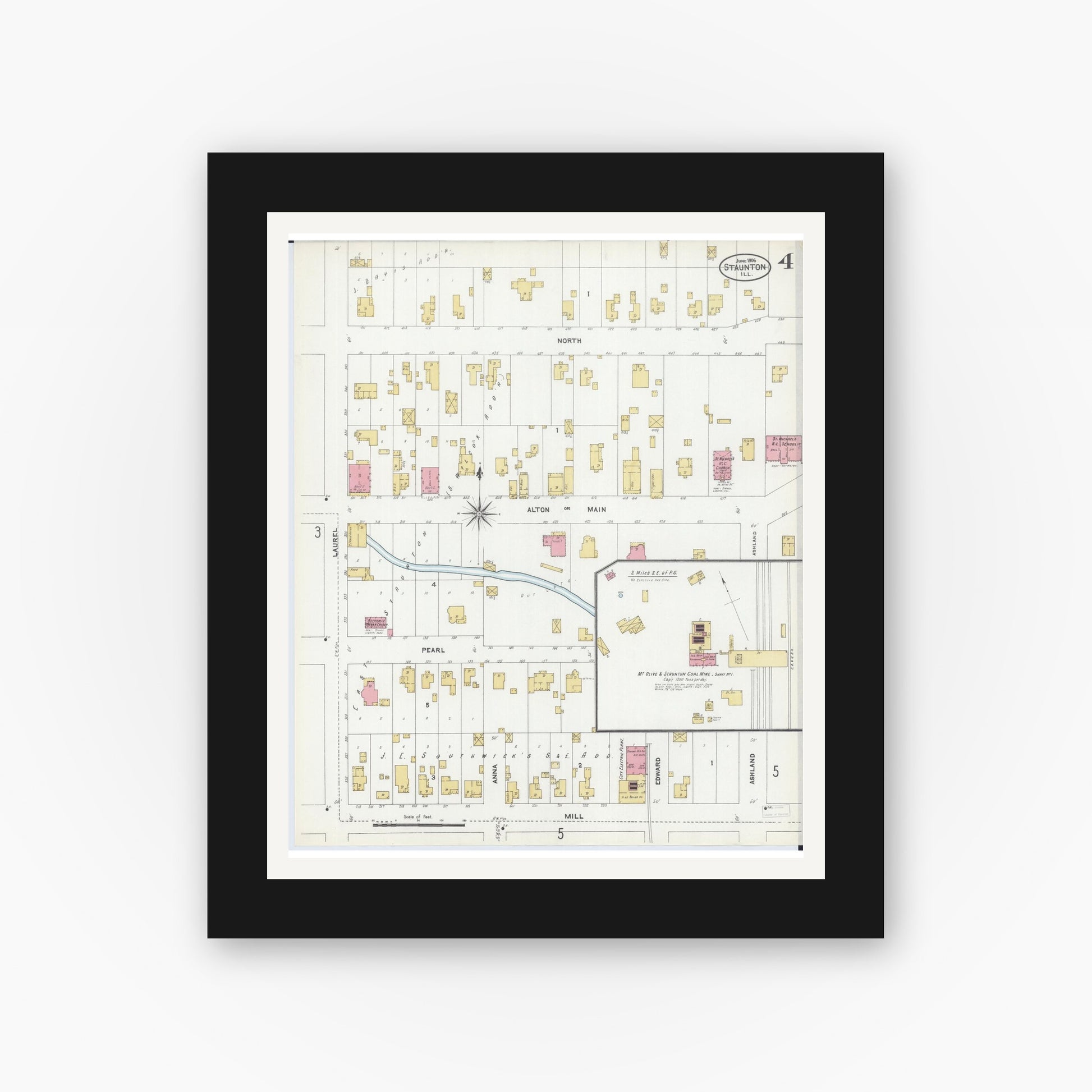 Old map wall art mockup — black gallery frame with white mat — Sanborn Fire Insurance Map from Staunton, Macoupin County, Illinois (1906), Sheet #0004