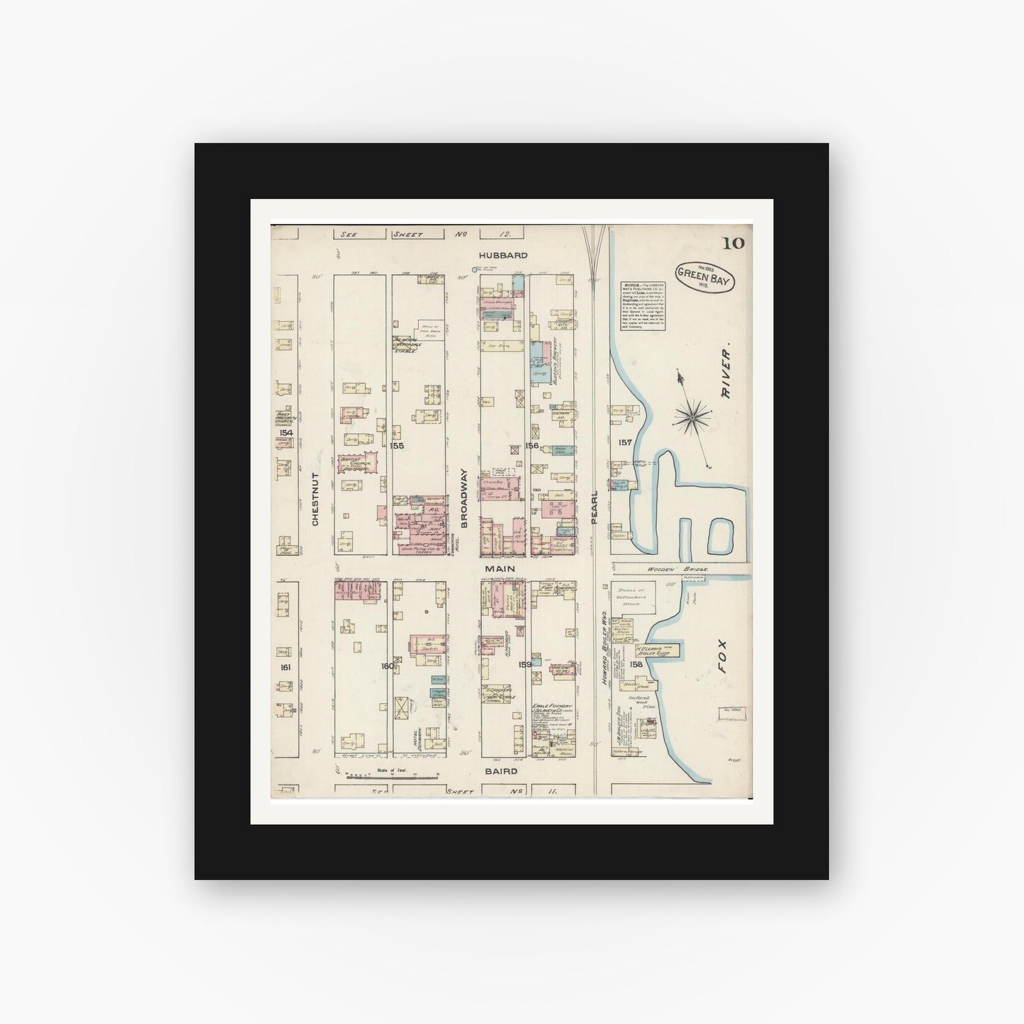 Old map wall art mockup — black gallery frame with white mat — Sanborn Fire Insurance Map from Green Bay, Brown County, Wisconsin (1883), Sheet #0010