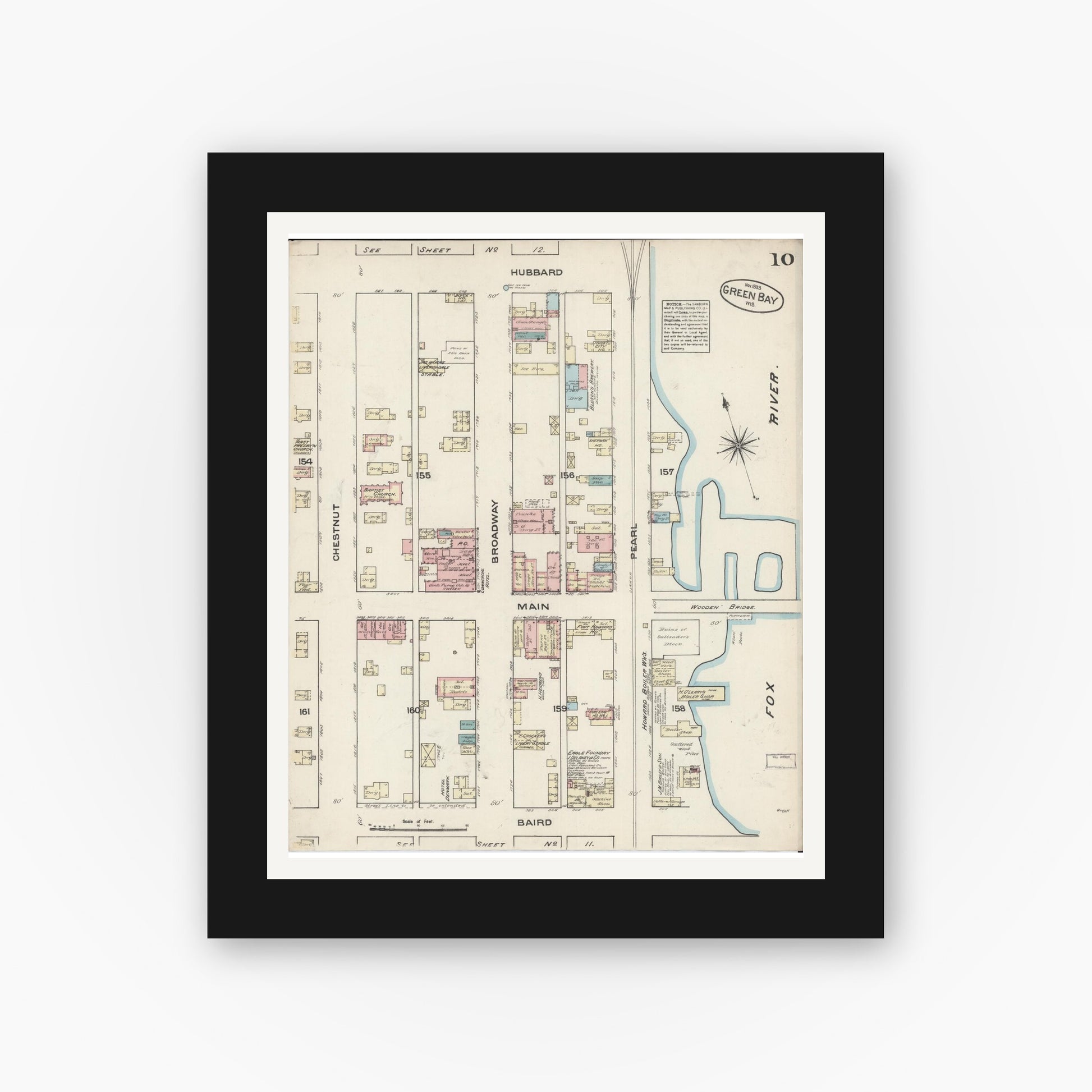 Old map wall art mockup — black gallery frame with white mat — Sanborn Fire Insurance Map from Green Bay, Brown County, Wisconsin (1883), Sheet #0010