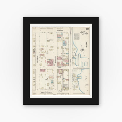 Old map wall art mockup — black gallery frame with white mat — Sanborn Fire Insurance Map from Green Bay, Brown County, Wisconsin (1883), Sheet #0010