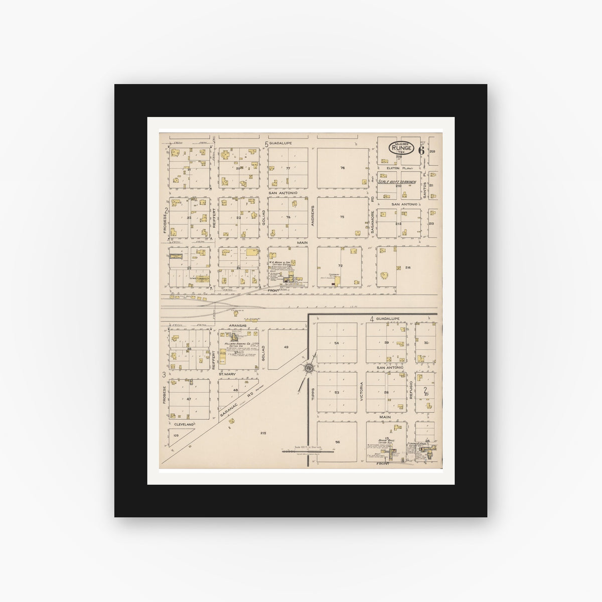 Old map wall art mockup — black gallery frame with white mat — Sanborn Fire Insurance Map from Runge, Karnes County, Texas (1922), Sheet #0006