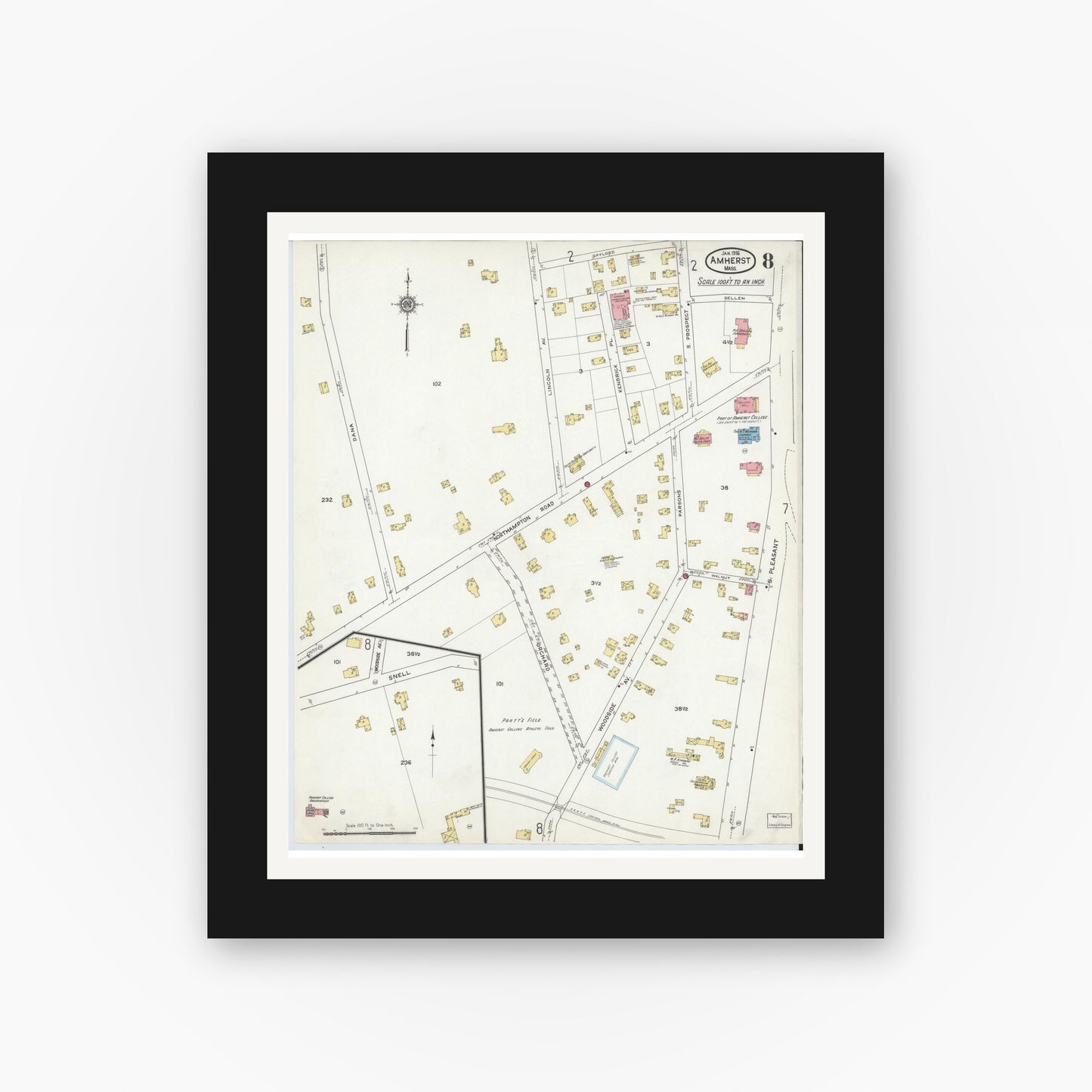 Old map wall art mockup — black gallery frame with white mat — Sanborn Fire Insurance Map from Amherst, Hampshire County, Massachusetts (1916), Sheet #0008