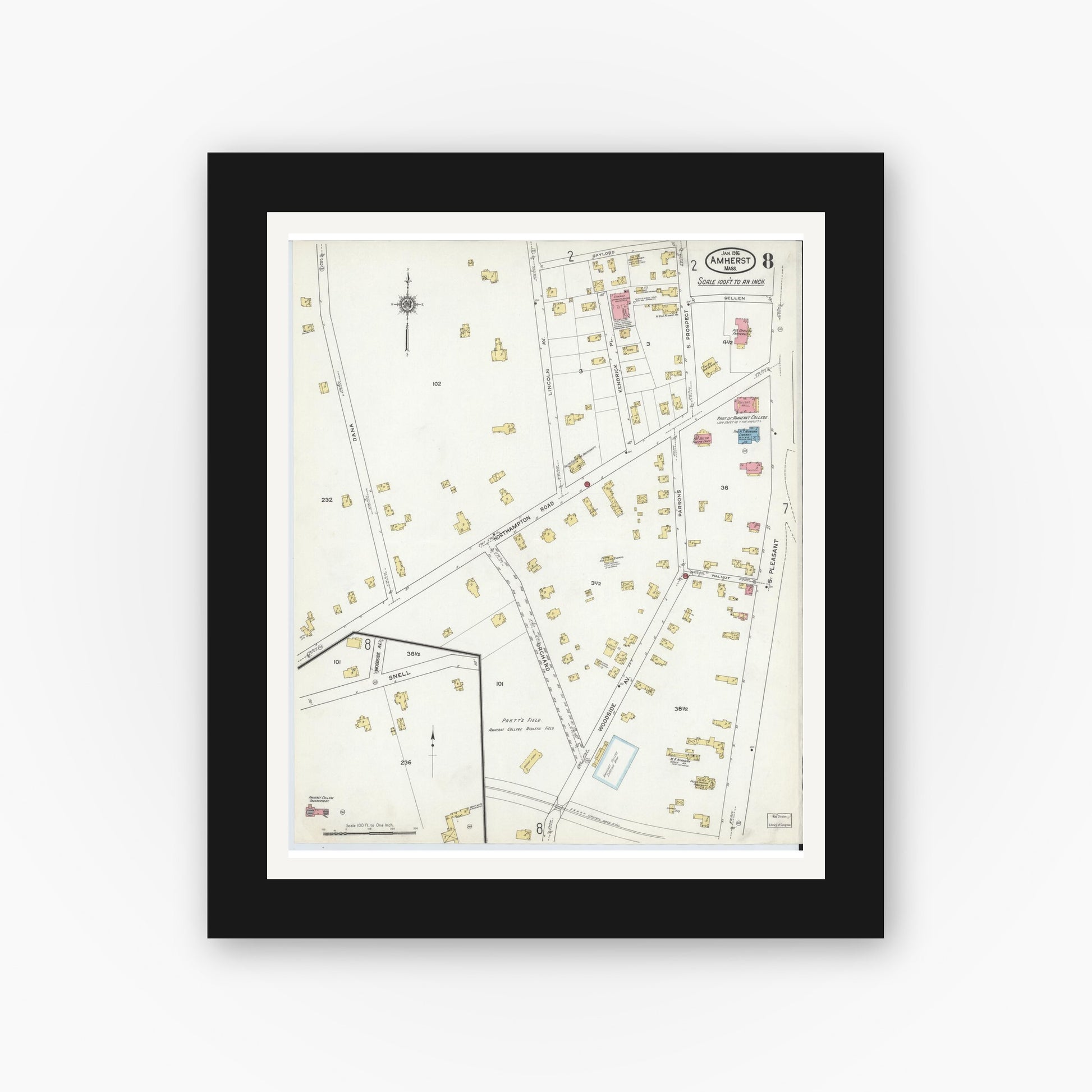 Old map wall art mockup — black gallery frame with white mat — Sanborn Fire Insurance Map from Amherst, Hampshire County, Massachusetts (1916), Sheet #0008