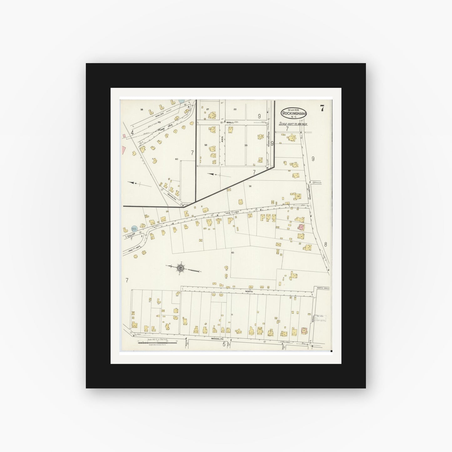Old map wall art mockup — black gallery frame with white mat — Sanborn Fire Insurance Map from Rockingham, Richmond County, North Carolina (1918), Sheet #0007