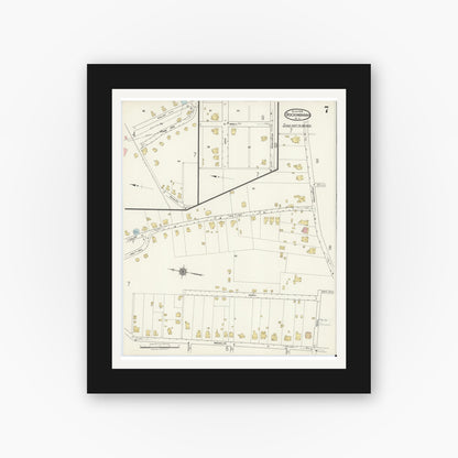 Old map wall art mockup — black gallery frame with white mat — Sanborn Fire Insurance Map from Rockingham, Richmond County, North Carolina (1918), Sheet #0007