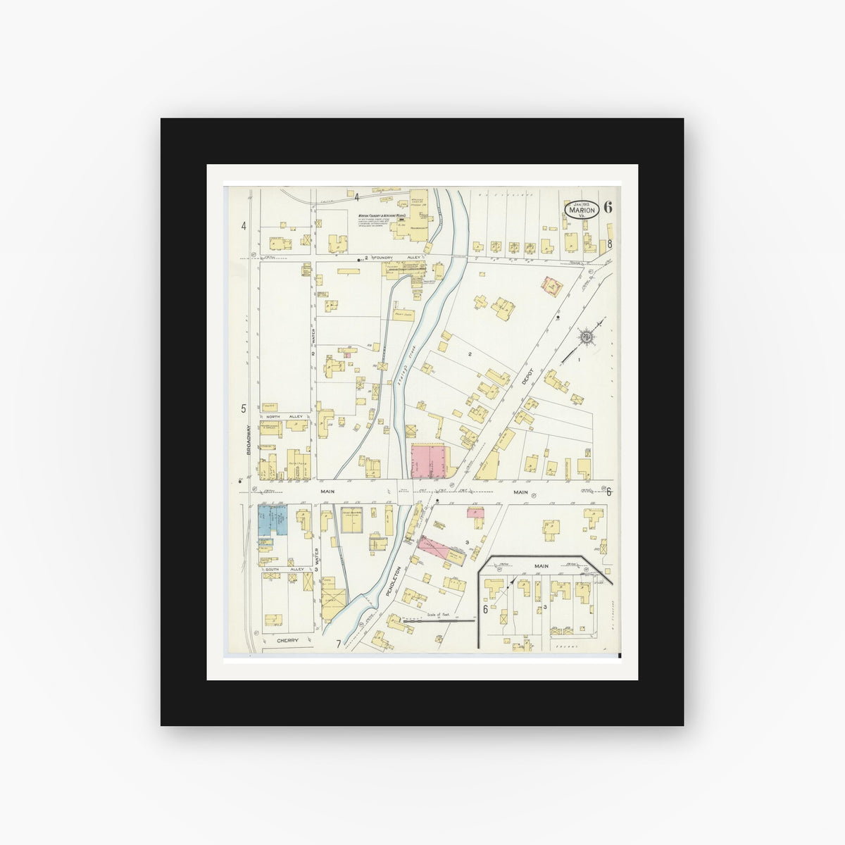 Old map wall art mockup — black gallery frame with white mat — Sanborn Fire Insurance Map from Marion, Smyth County, Virginia (1913), Sheet #0006