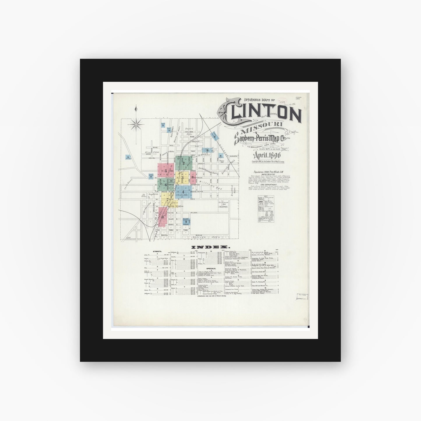 Old map wall art mockup — black gallery frame with white mat — Sanborn Fire Insurance Map from Clinton, Henry County, Missouri (1896) - Complete Map Set