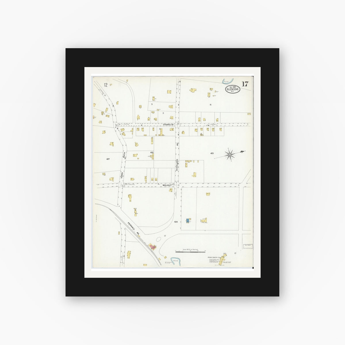 Old map wall art mockup — black gallery frame with white mat — Sanborn Fire Insurance Map from Glen Cove, Nassau County, New York (1908), Sheet #0017