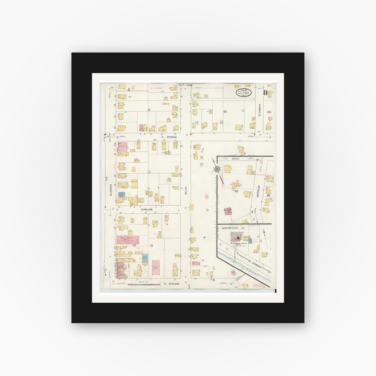 Old map wall art mockup — black gallery frame with white mat — Sanborn Fire Insurance Map from Clyde, Wayne County, New York (1932), Sheet #0008