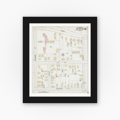 Old map wall art mockup — black gallery frame with white mat — Sanborn Fire Insurance Map from Pittsfield, Berkshire County, Massachusetts (1889), Sheet #0012
