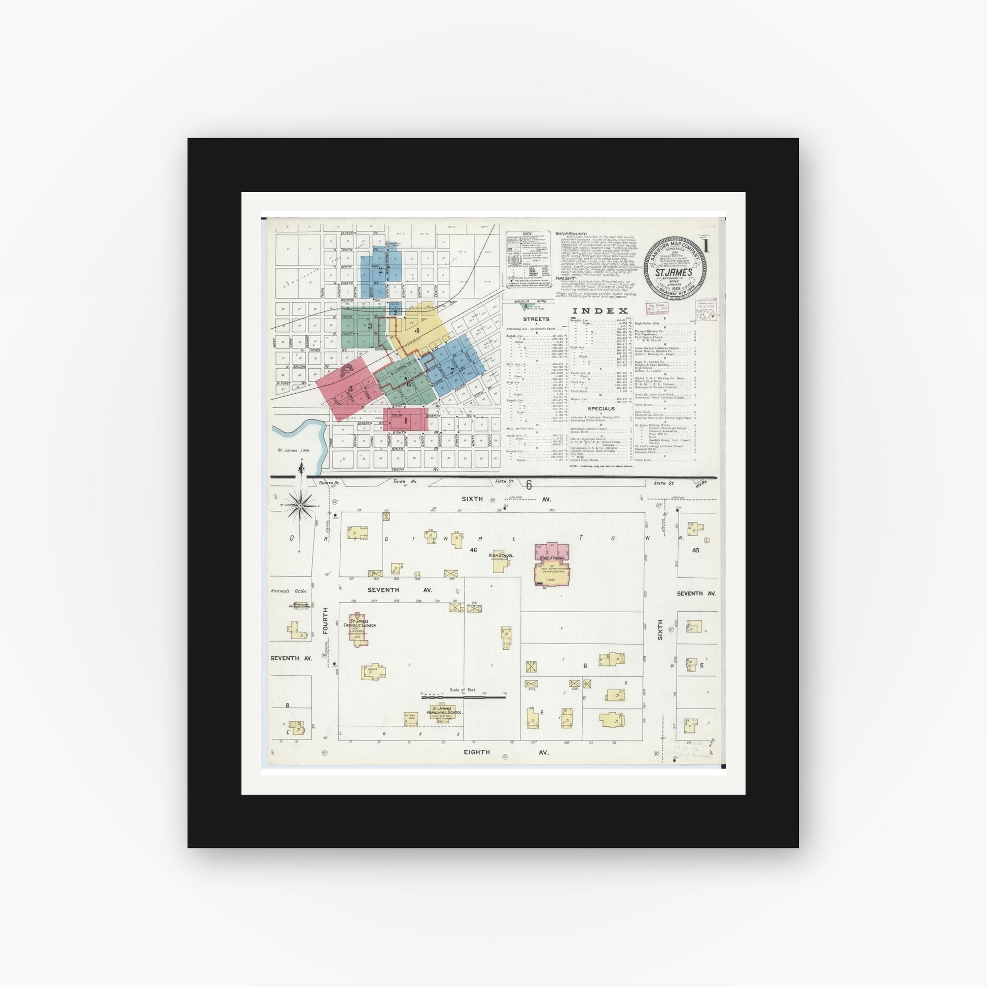 Old map wall art mockup — black gallery frame with white mat — Sanborn Fire Insurance Map from Saint James, Watonwan County, Minnesota (1908) - Complete Map Set