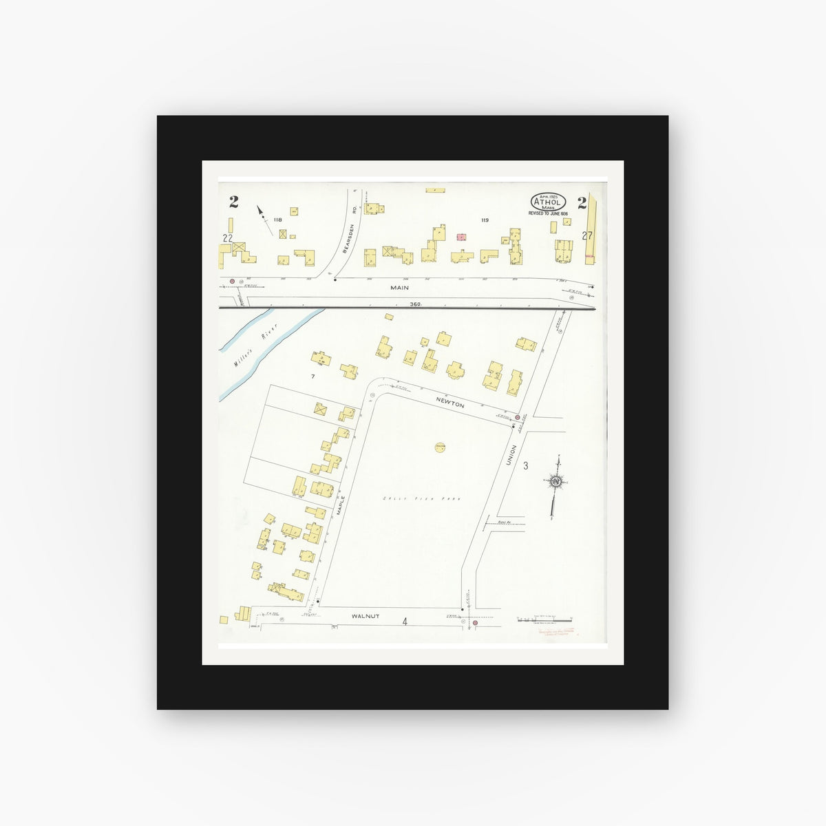 Old map wall art mockup — black gallery frame with white mat — Sanborn Fire Insurance Map from Athol, Worcester County, Massachusetts (1936), Sheet #0002