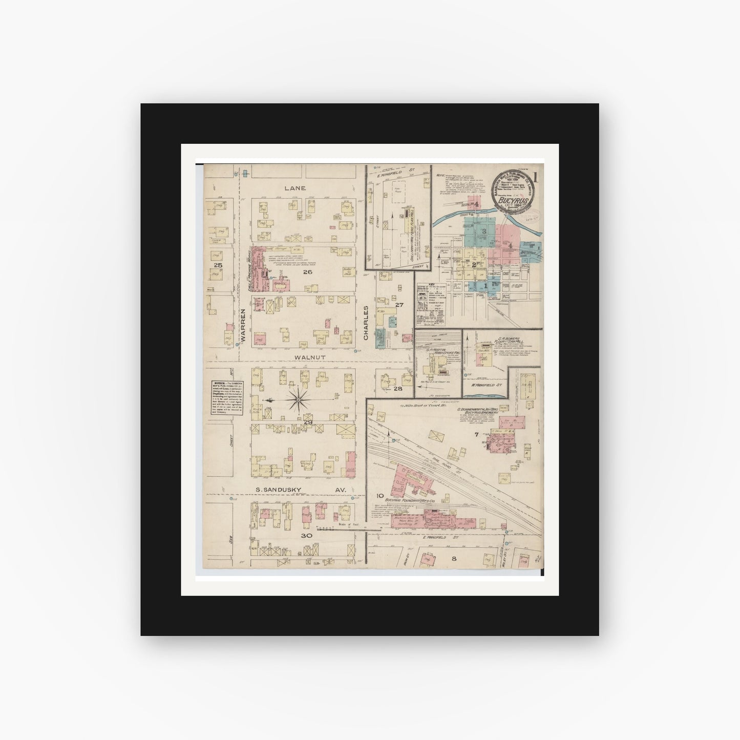Old map wall art mockup — black gallery frame with white mat — Sanborn Fire Insurance Map from Bucyrus, Crawford County, Ohio (1884) - Complete Map Set