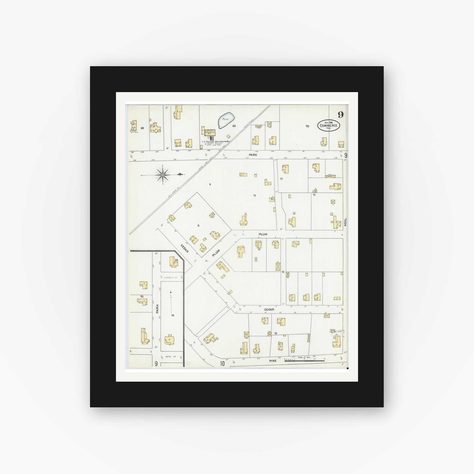 Old map wall art mockup — black gallery frame with white mat — Sanborn Fire Insurance Map from Commerce, Hunt County, Texas (1906), Sheet #0009
