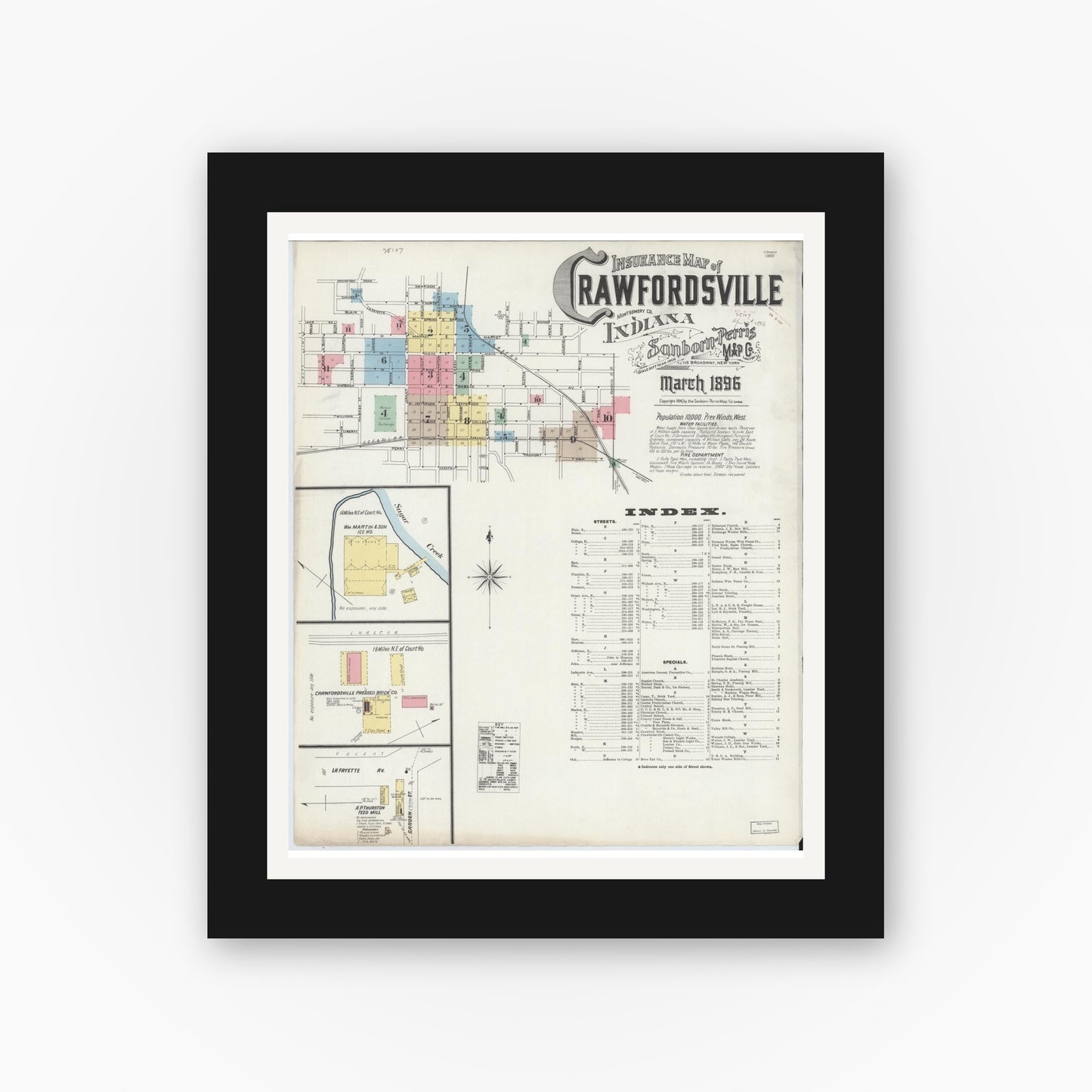 Old map wall art mockup — black gallery frame with white mat — Sanborn Fire Insurance Map from Crawfordsville, Montgomery County, Indiana (1896) - Complete Map Set