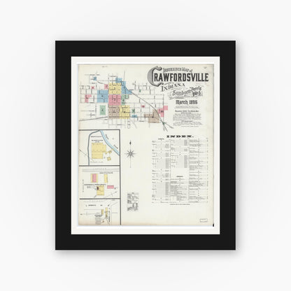 Old map wall art mockup — black gallery frame with white mat — Sanborn Fire Insurance Map from Crawfordsville, Montgomery County, Indiana (1896) - Complete Map Set