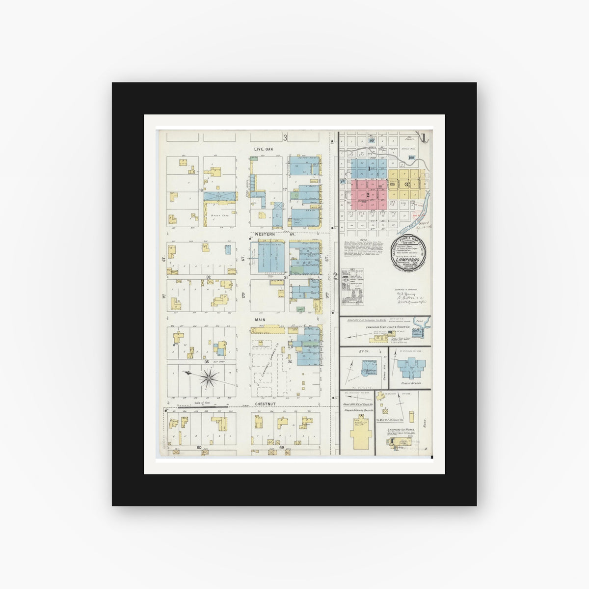 Old map wall art mockup — black gallery frame with white mat — Sanborn Fire Insurance Map from Lampasas, Lampasas County, Texas (1896), Sheet #0001