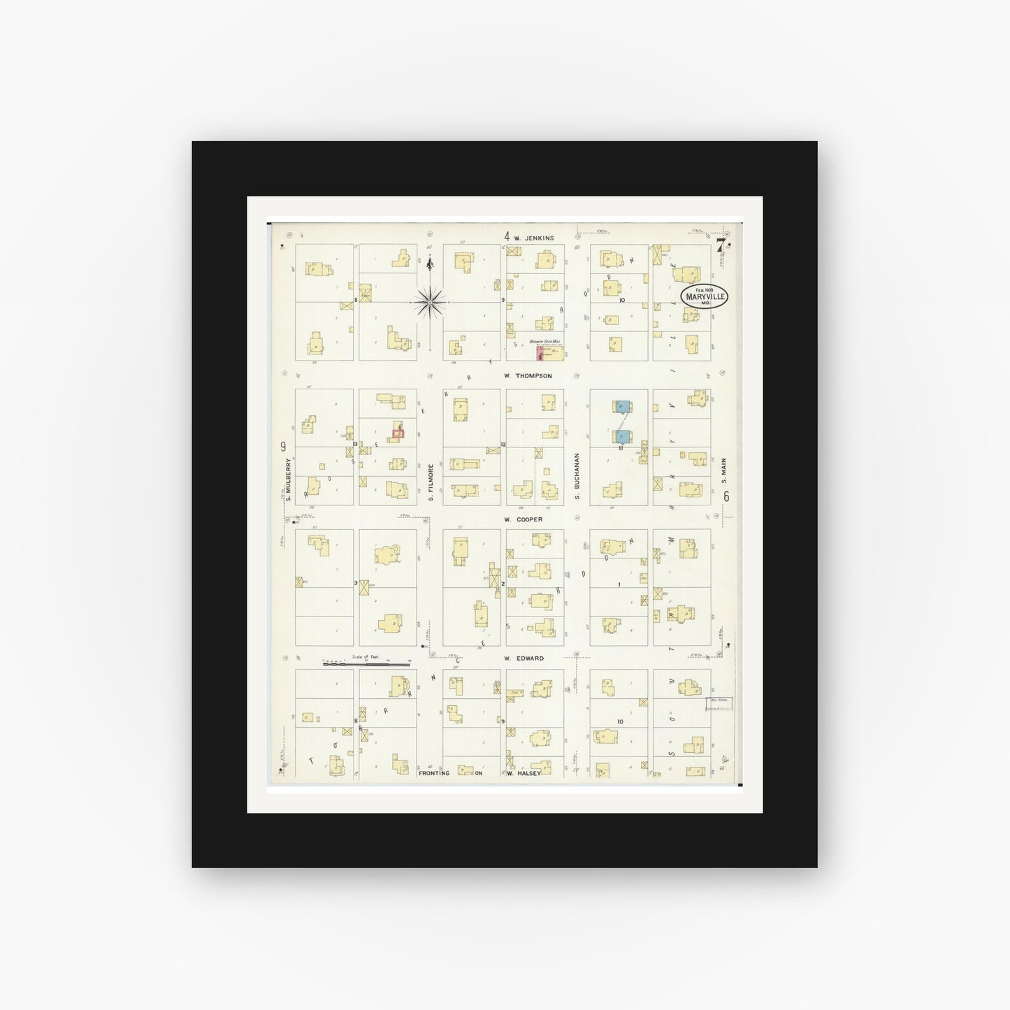 Old map wall art mockup — black gallery frame with white mat — Sanborn Fire Insurance Map from Maryville, Nodaway County, Missouri (1909), Sheet #0007