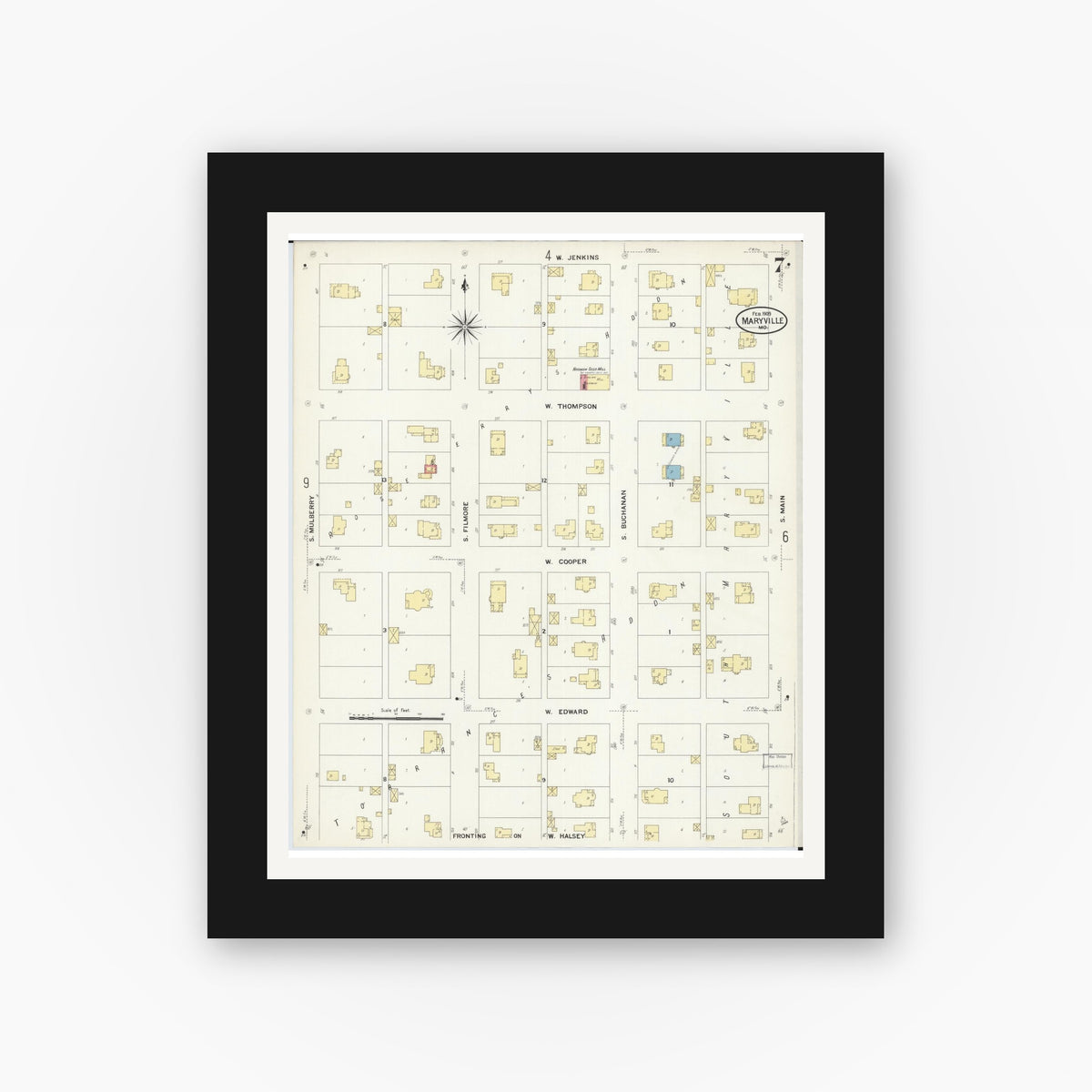 Old map wall art mockup — black gallery frame with white mat — Sanborn Fire Insurance Map from Maryville, Nodaway County, Missouri (1909), Sheet #0007