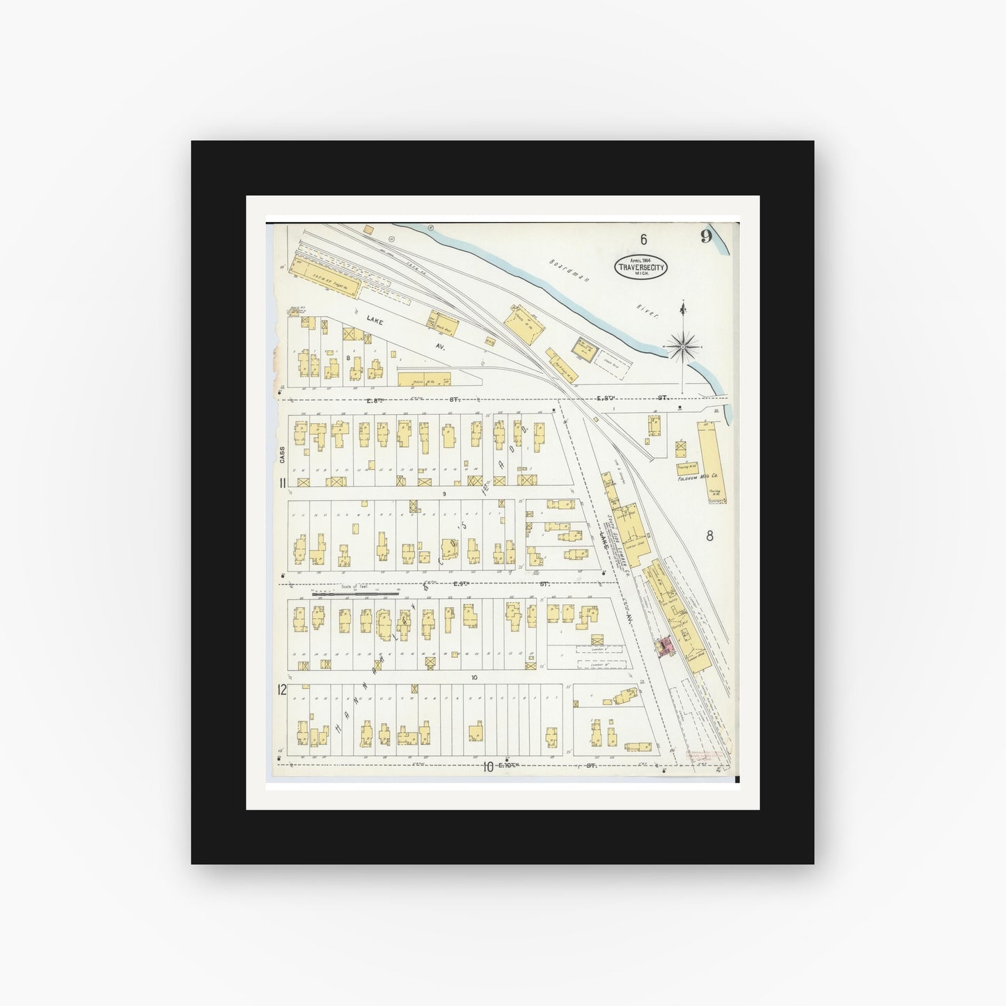 Old map wall art mockup — black gallery frame with white mat — Sanborn Fire Insurance Map from Traverse City, Grand Traverse County, Michigan (1904), Sheet #0009